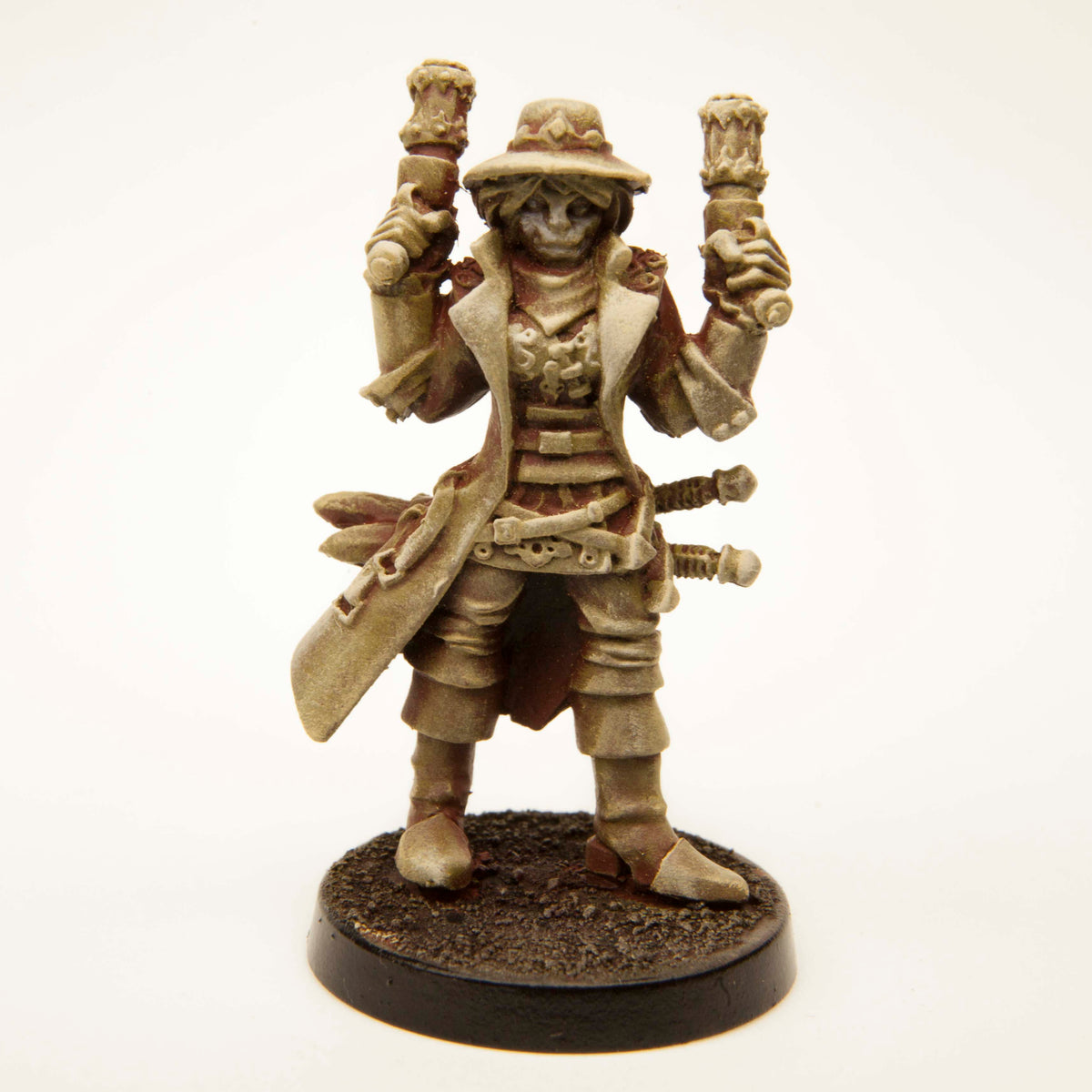 Primed pewter Half-Orc Gunslinger miniature, 40mm tall