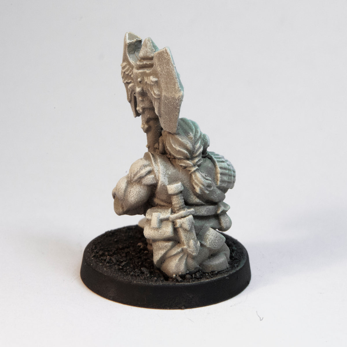 Primed pewter Dwarven Barbarian miniature, 32mm tall, another view