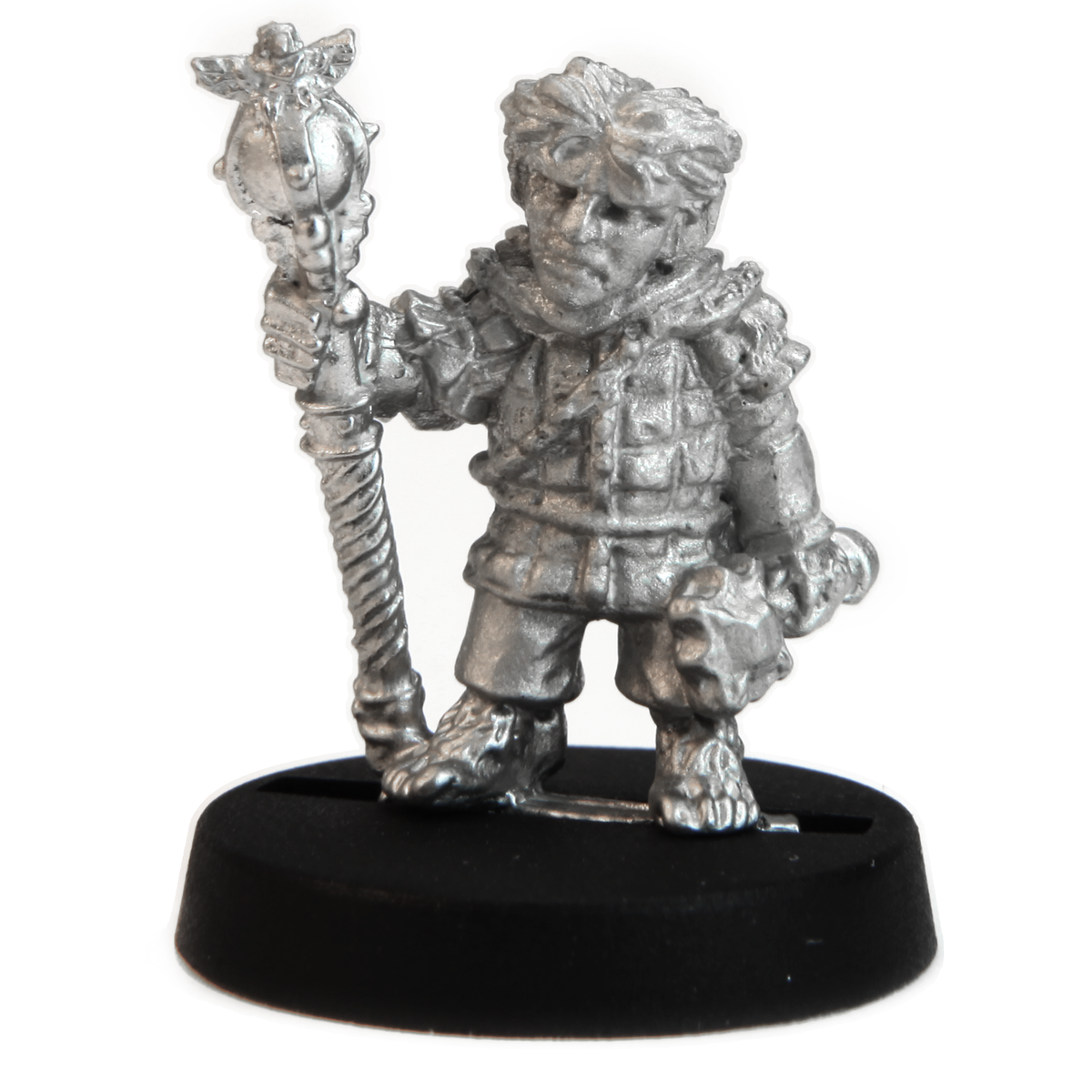 Unpainted pewter Halfling Cleric miniature, 20mm tall