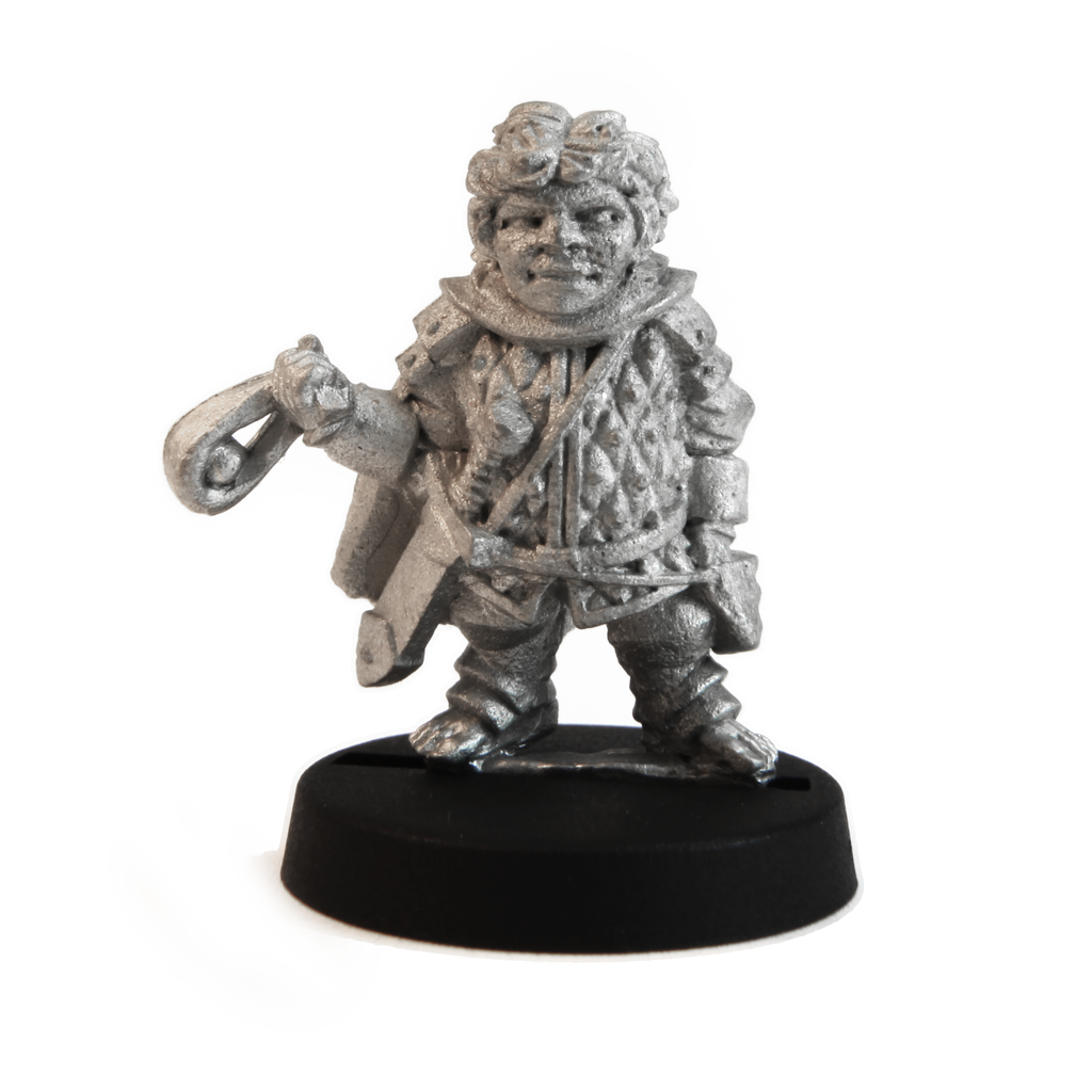 Unpainted pewter Male Halfling Soldier with Sling miniature, 21mm tall
