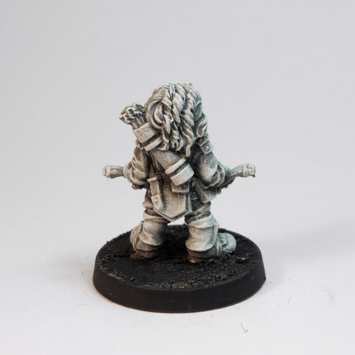 Primed pewter Dwarven Archer miniature, 25mm tall, another view