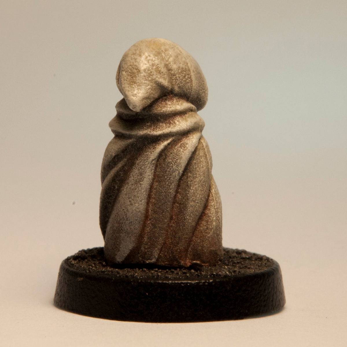 Primed pewter Cloaked Halfling miniature, 18mm tall, another view