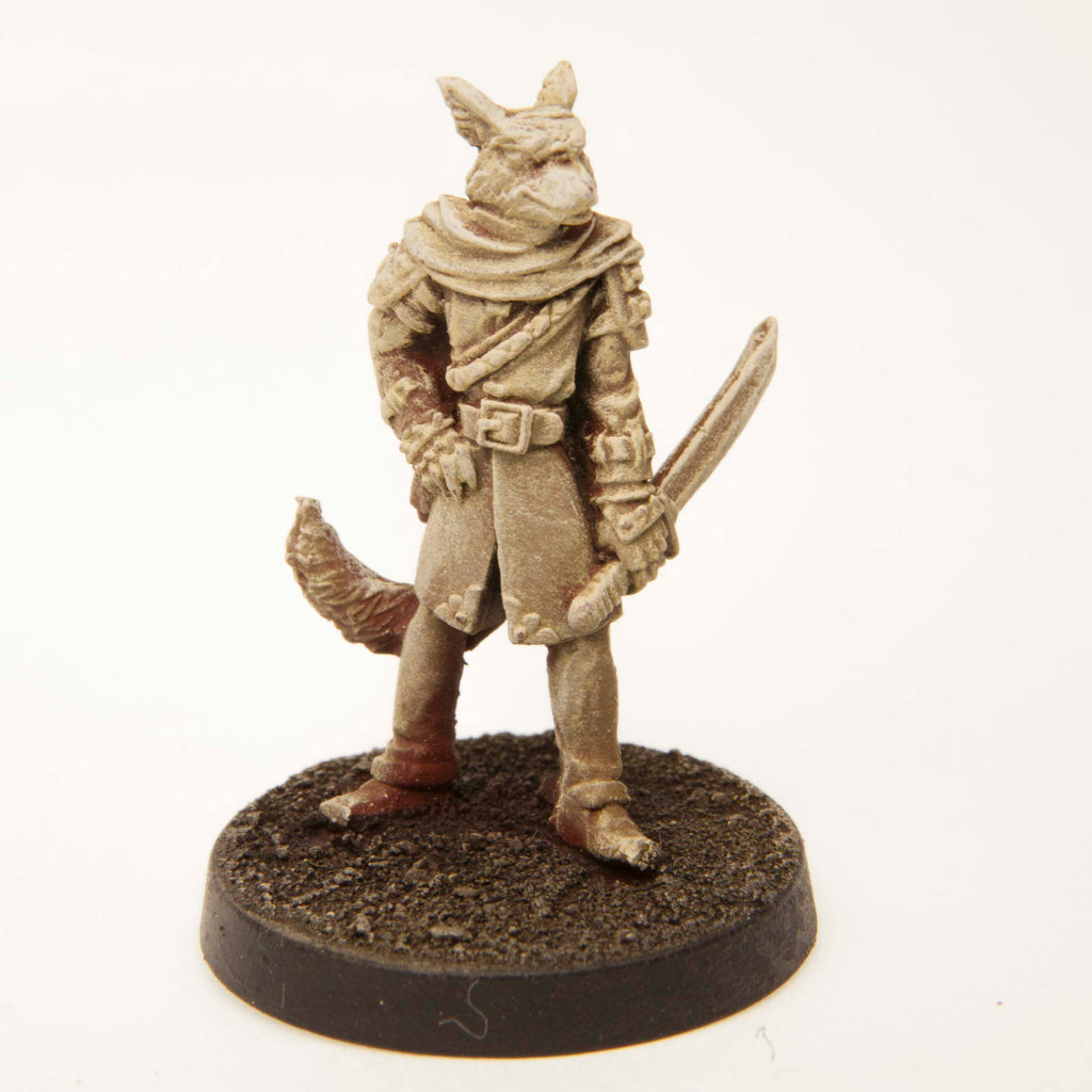 Primed pewter Kitsune Swordsman miniature, 32mm tall