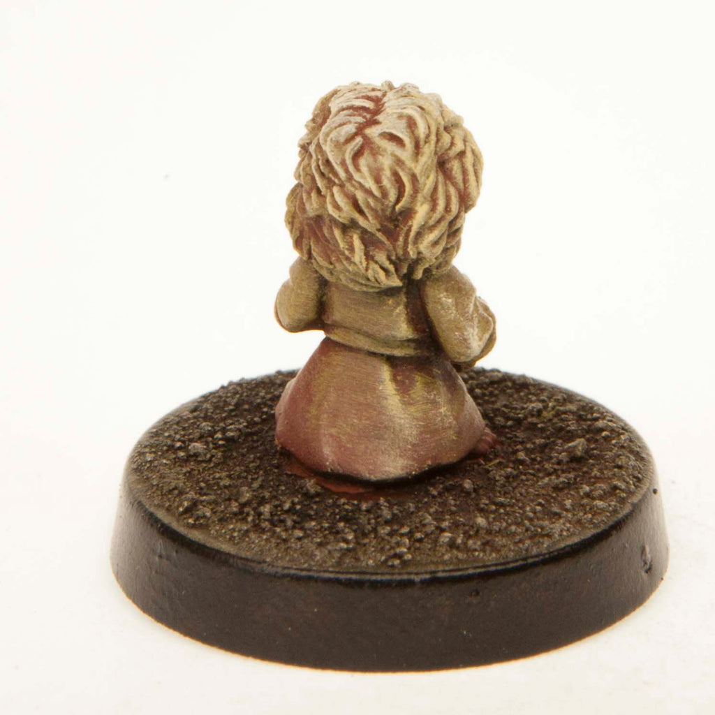 Primed pewter Halfling Girl miniature, 12mm tall, another view