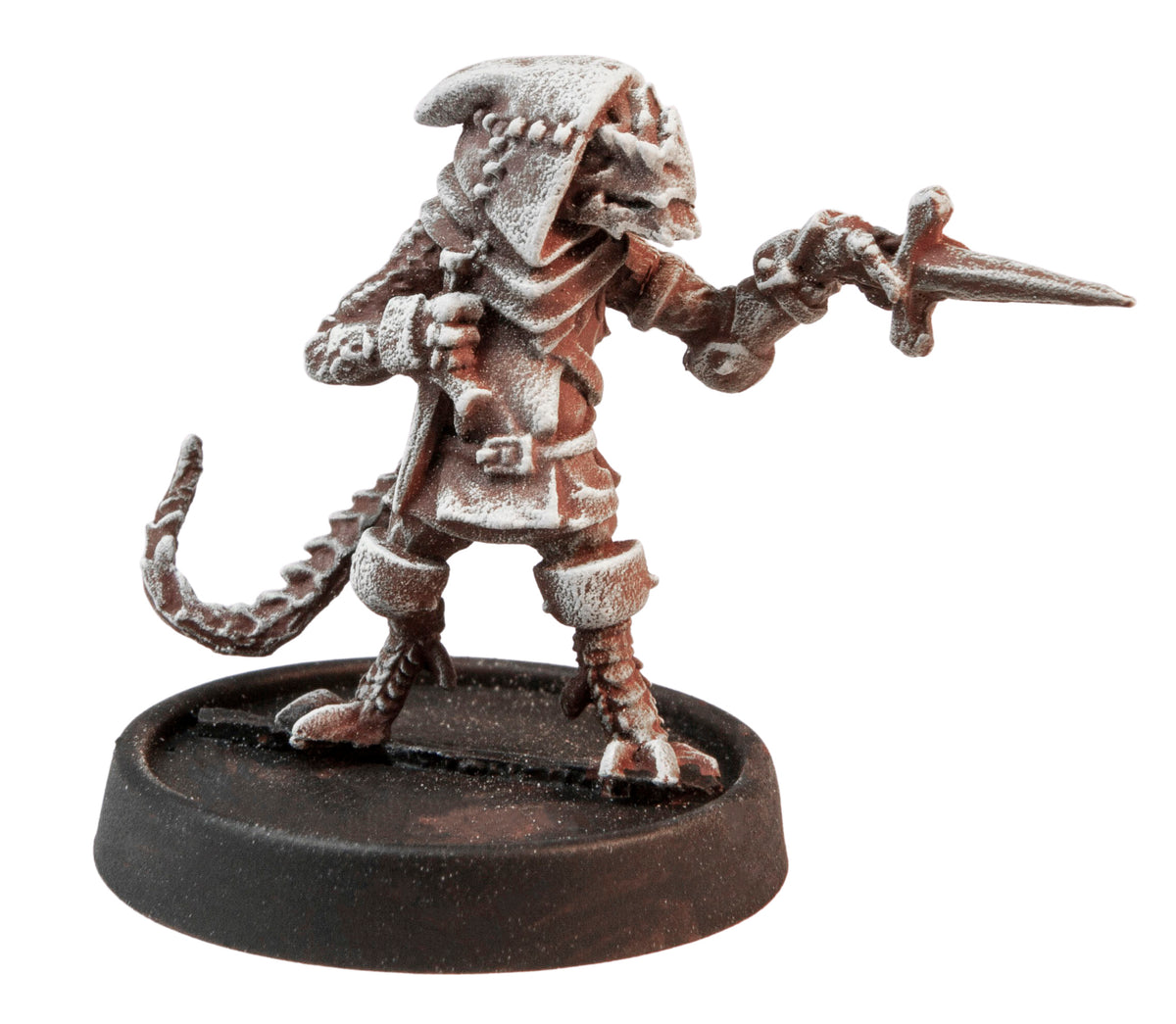 Primed pewter Pygmy Lizardfolk Rogue miniature, 28mm tall