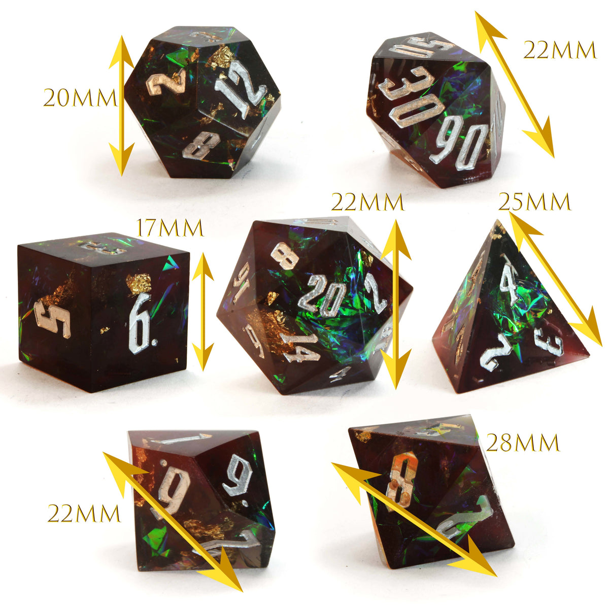 Level 14 Rogue Set Polyhedral Dice (7pcs) Sharp Resin Dice Red and Green with Gold Flecks, another view