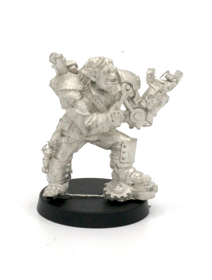 Unpainted pewter Half-Orc Mechanist miniature, 30mm tall, another view