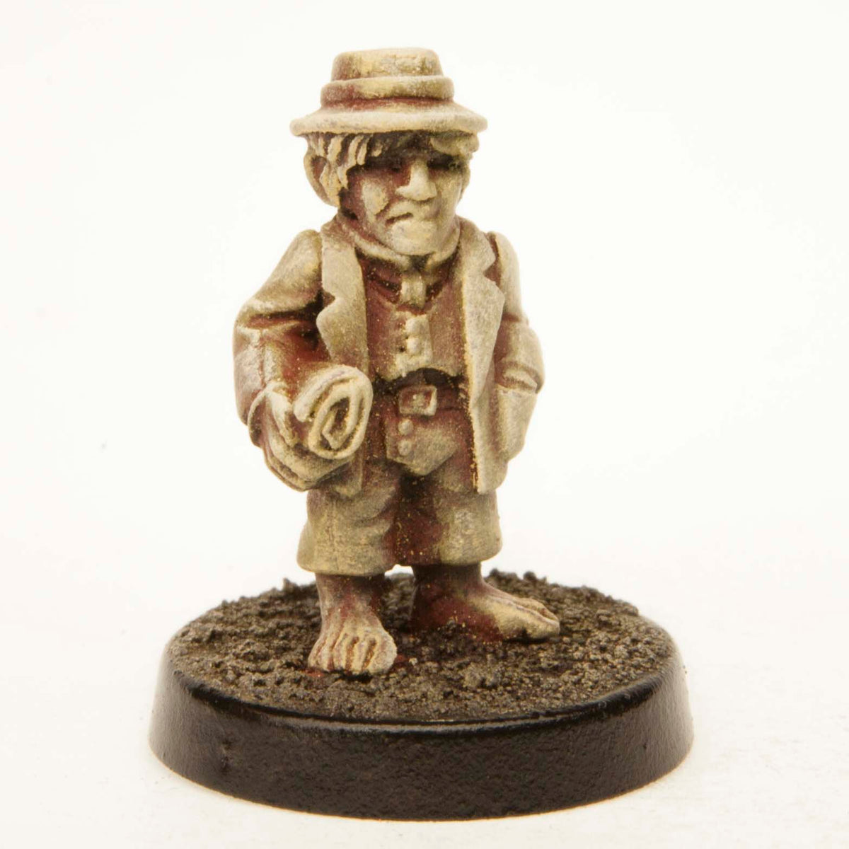 Primed pewter Halfling Wool Merchant miniature, 23mm tall