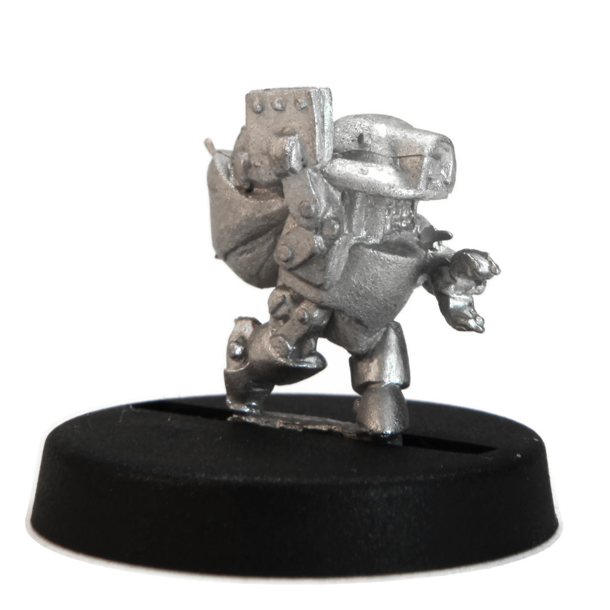 Unpainted pewter Scrap Bot miniature, 14mm tall, another view