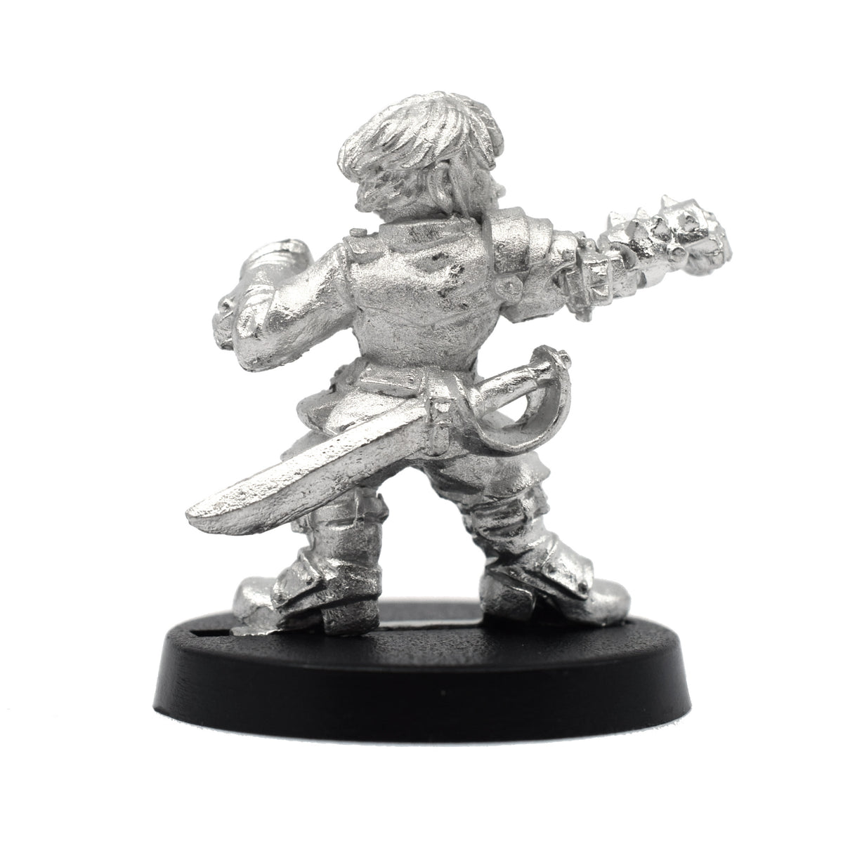 Unpainted pewter Dwarven Mechanist miniature, 24mm tall, another view