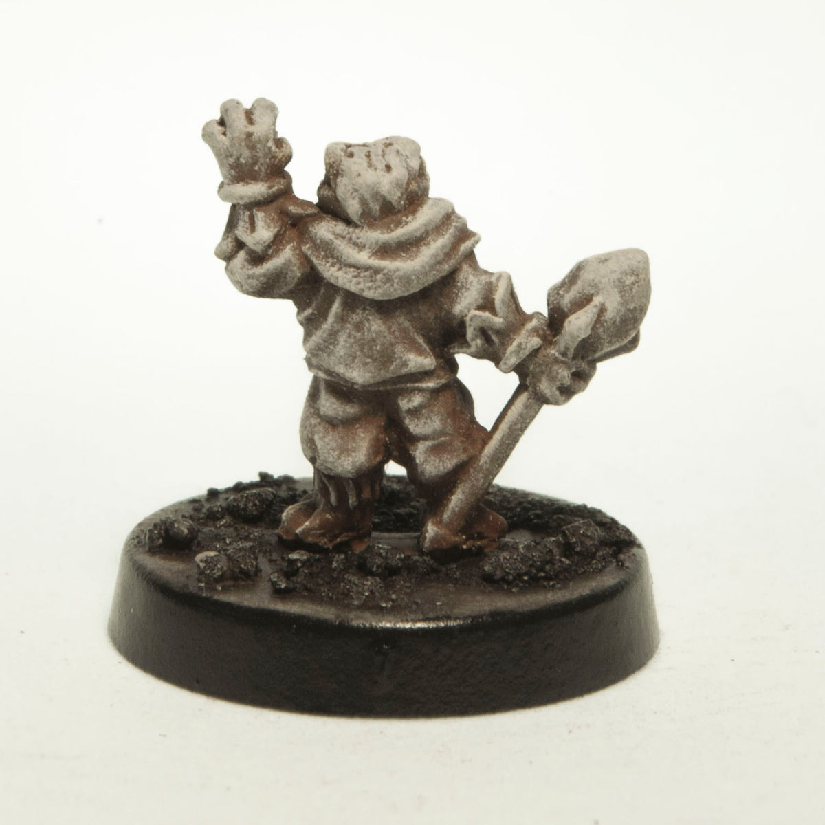 Primed pewter Grippli Ambassador miniature, 15mm tall, another view