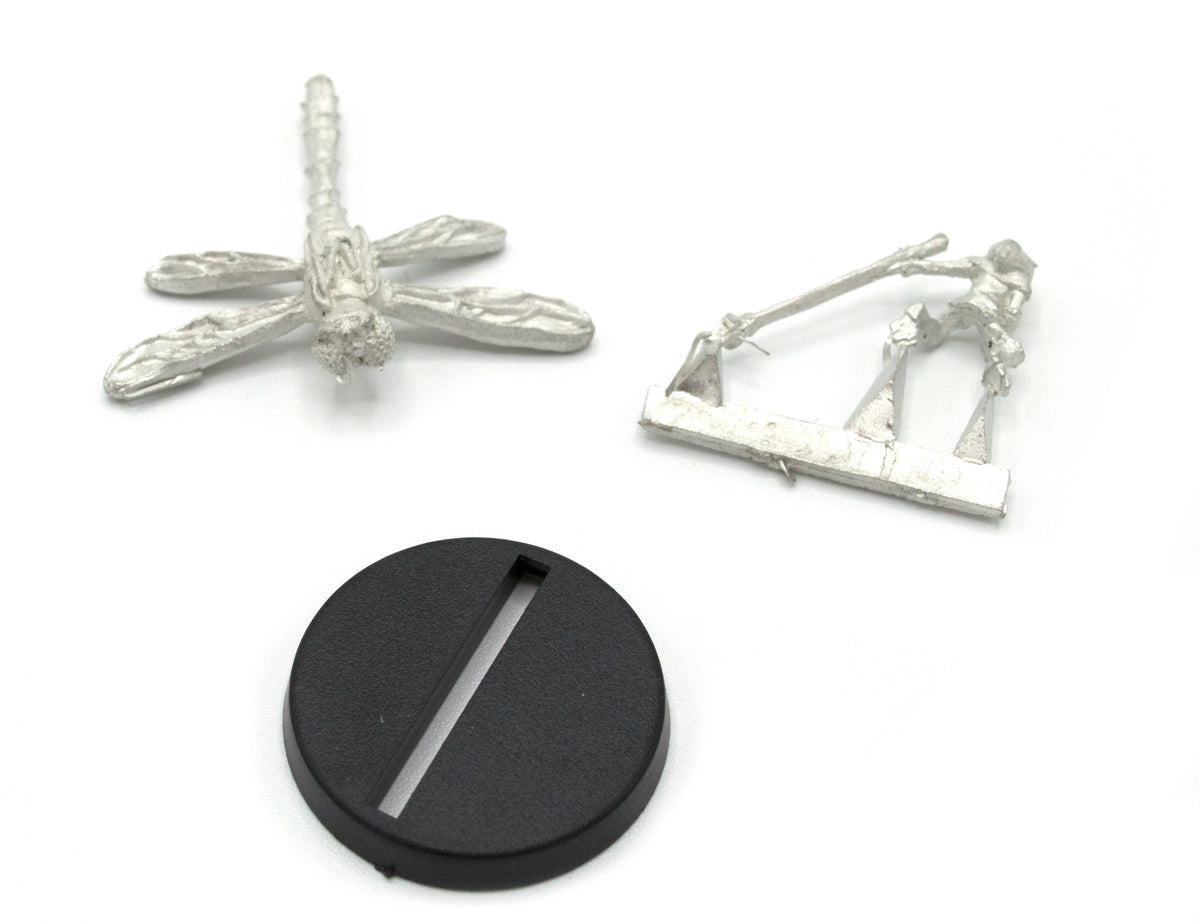 Unpainted pewter Grippli Spearman on Dragonfly Mount miniature, 30mm tall