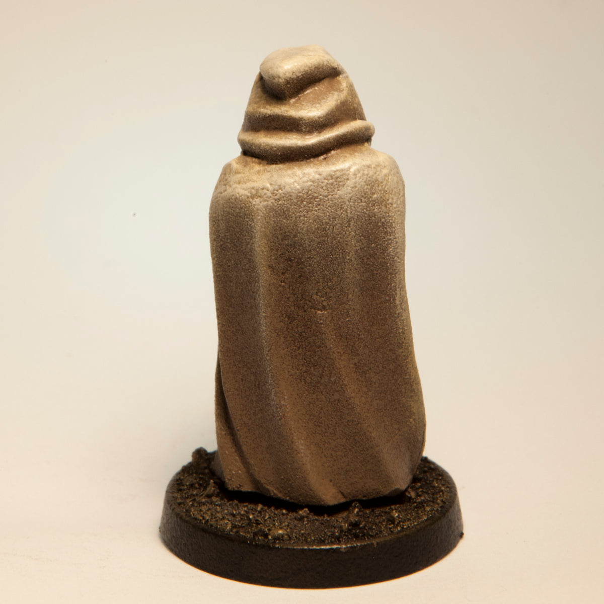 Primed pewter Cloaked Half-Orc miniature, 35mm tall, another view
