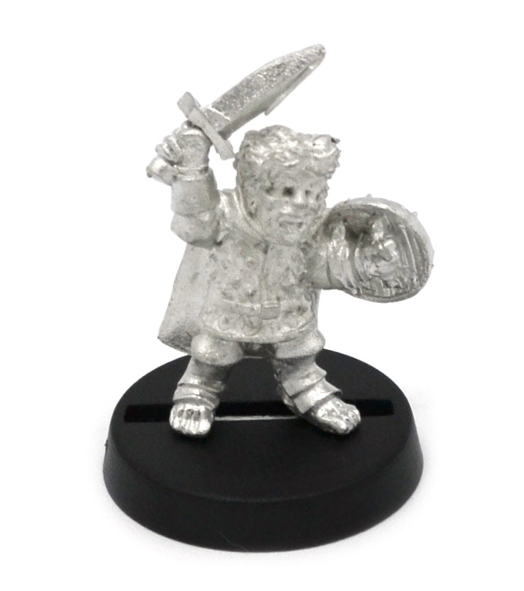 Unpainted pewter Halfling Soldier Cheering miniature, 28mm tall