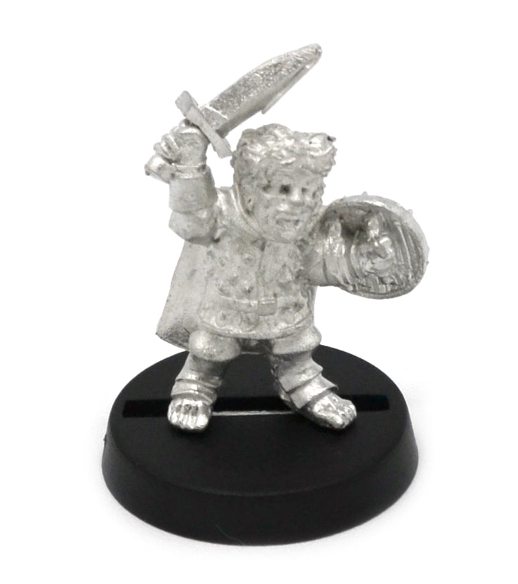 Unpainted pewter Halfling Soldier Cheering miniature, 28mm tall, another view