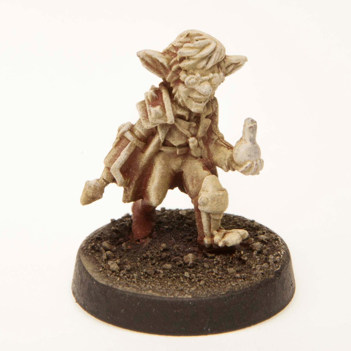 Primed pewter Gnome Mad Scientist miniature, 20mm tall, another view