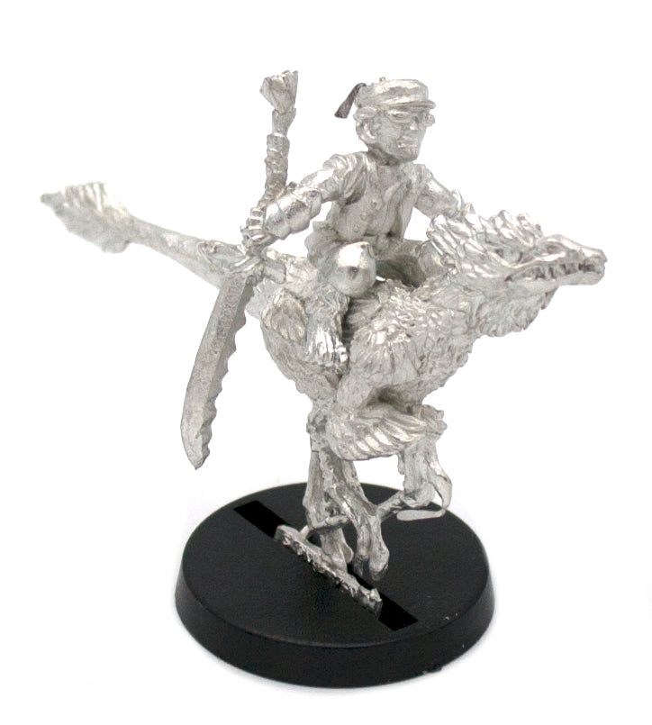 Unpainted pewter Halfling Barbarian on Raptor Mount miniature, 38mm tall, another view