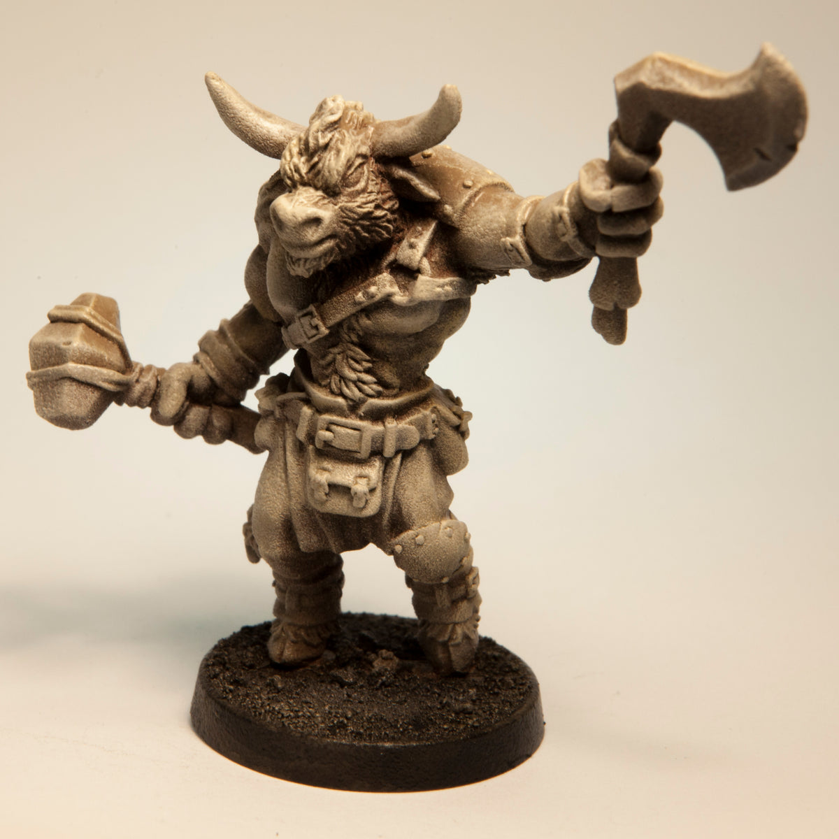 Primed pewter Minotaur Fighter Male miniature, 52mm tall