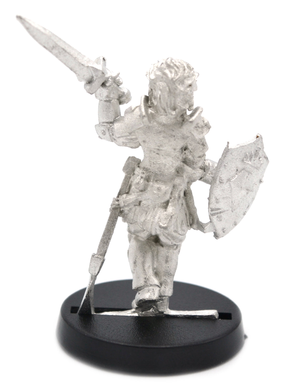 Unpainted pewter Human Knight Female miniature, 41mm tall, another view