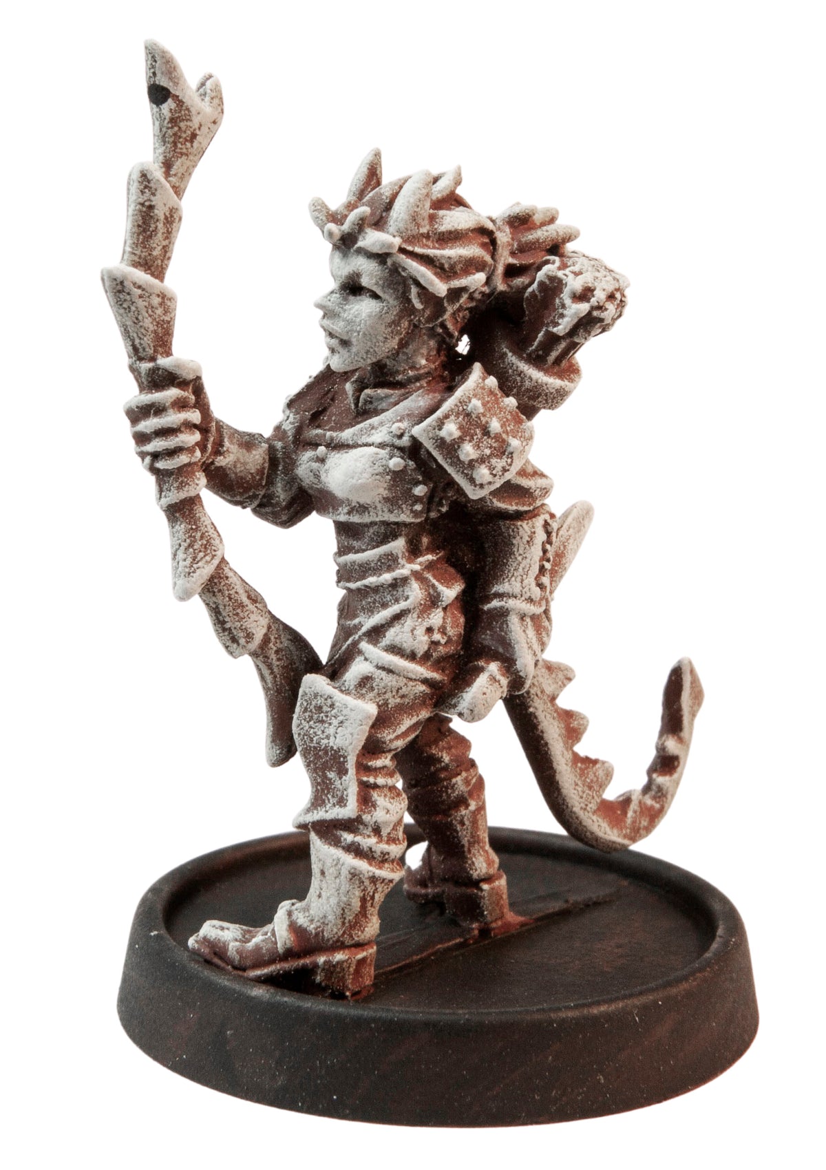 Primed pewter Female Tiefling Ranger miniature, 41mm tall