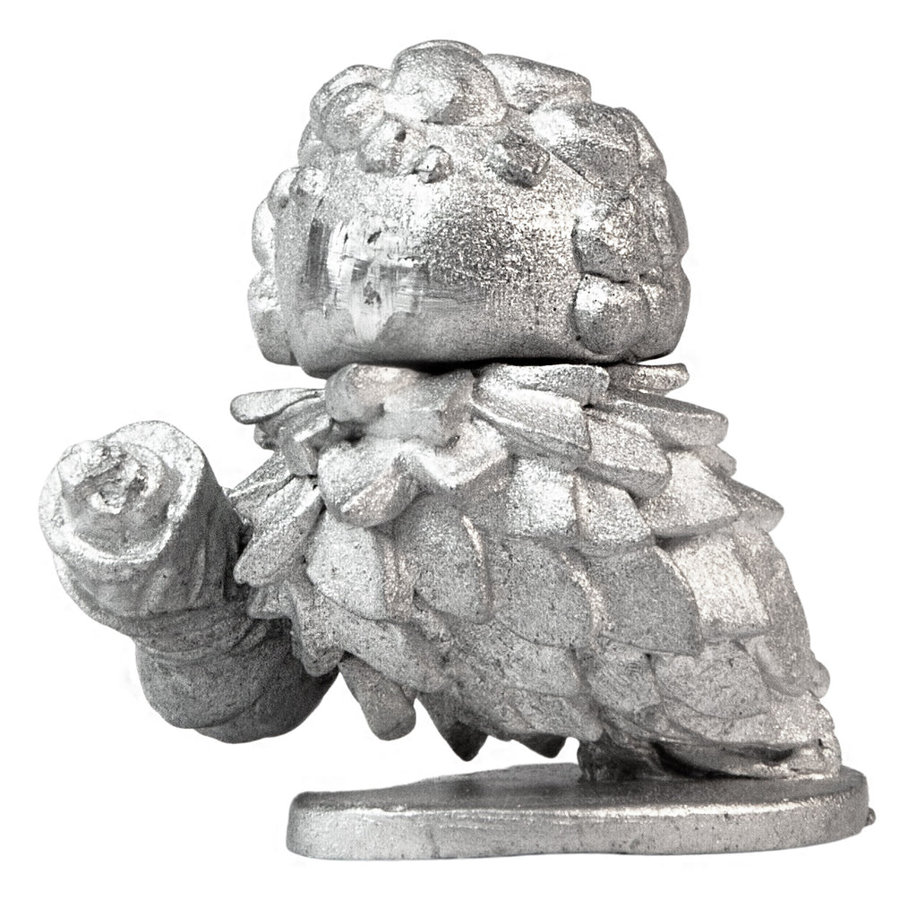 Unpainted pewter Mushroom Sporeling with Leaf Scroll miniature, 24mm tall