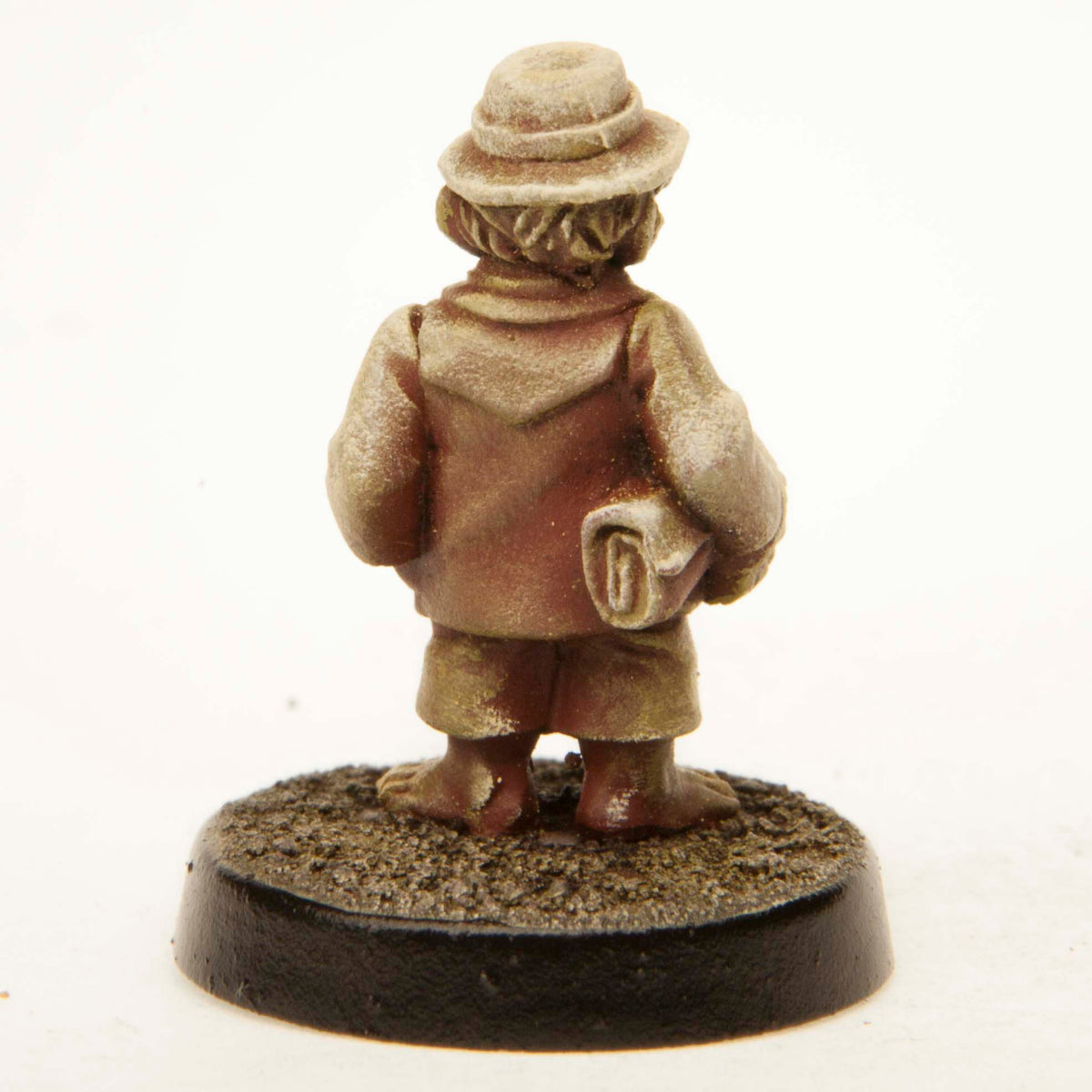 Primed pewter Halfling Wool Merchant miniature, 23mm tall, another view