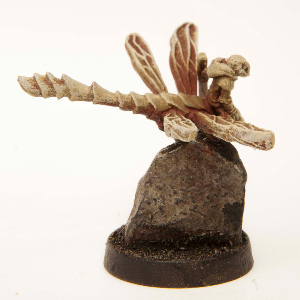 Primed pewter Grippli Spearman on Dragonfly Mount miniature, 30mm tall, another view