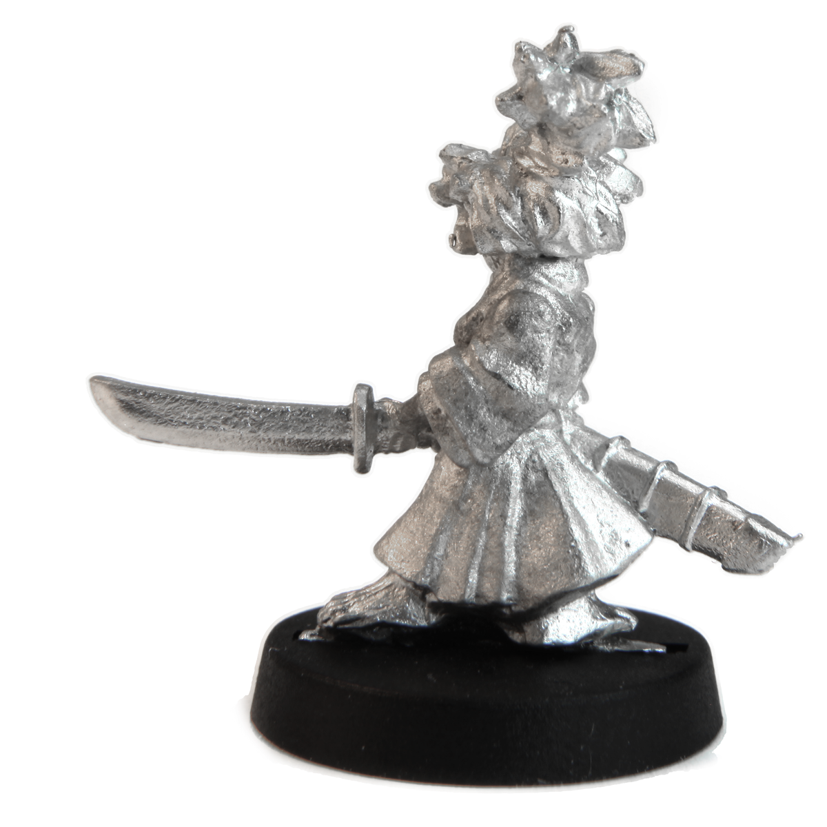 Unpainted pewter Halfling Samurai Female miniature, 24mm tall, another view