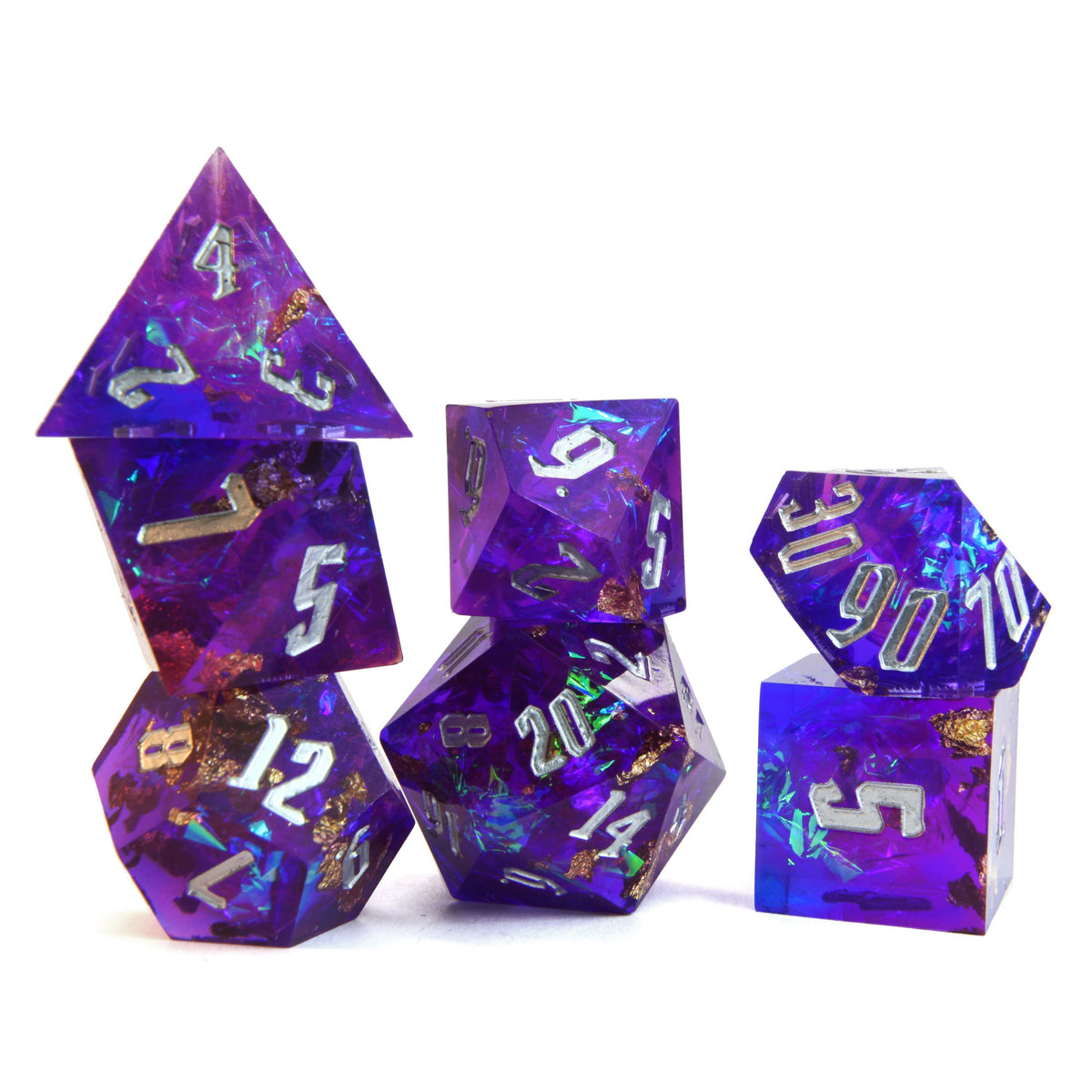 Level 14 Sorcerer Set Polyhedral Dice (7pcs) Sharp Resin Dice Purple and Blue with Gold Flecks