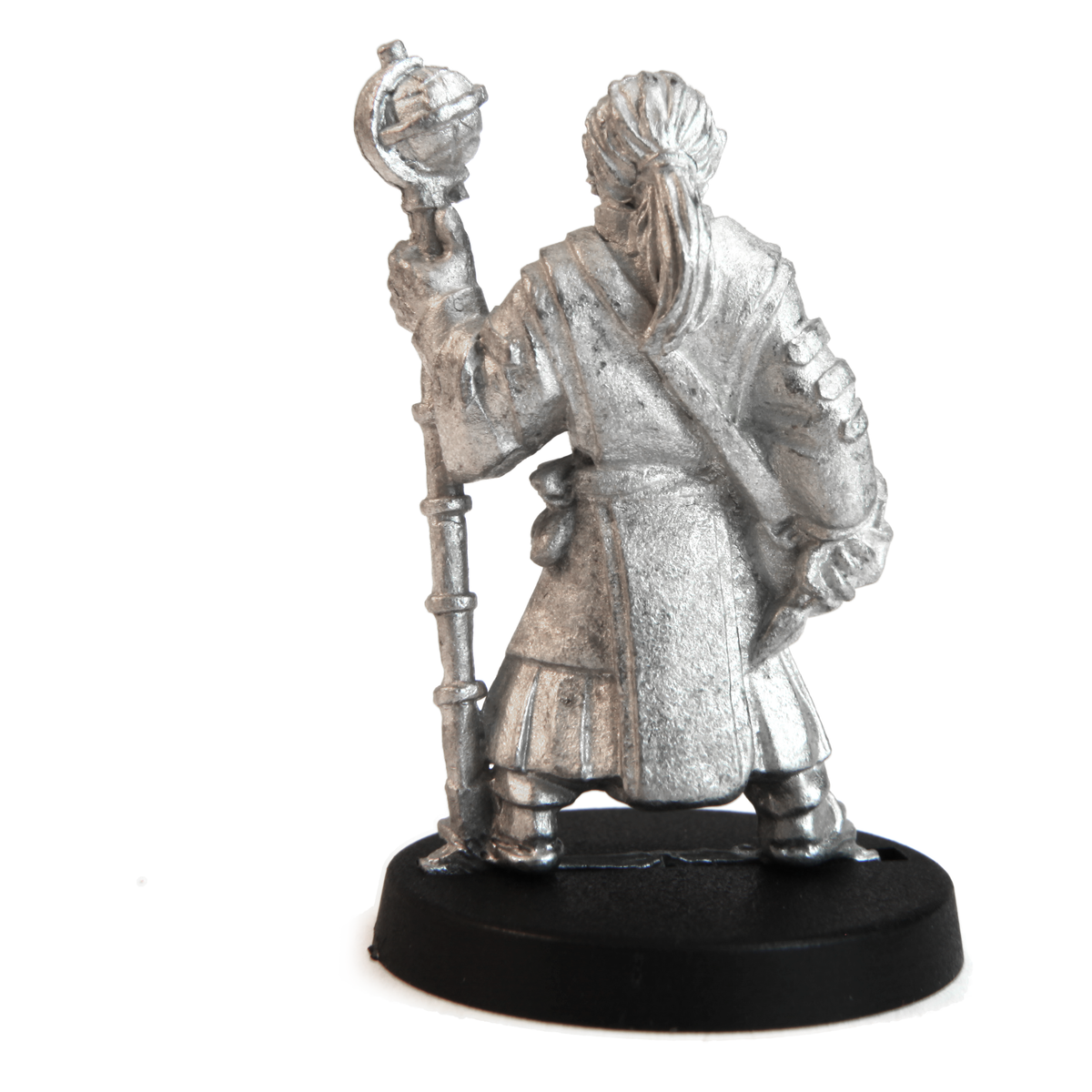 Unpainted pewter Human Lore-Master Male miniature, 33mm tall, another view