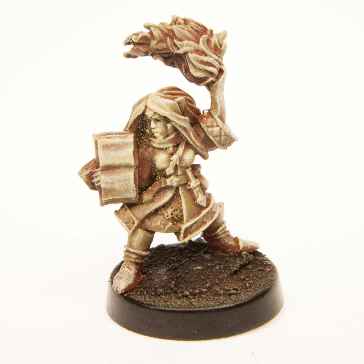 Primed pewter Gnome Wizard Female miniature, 28mm tall, another view