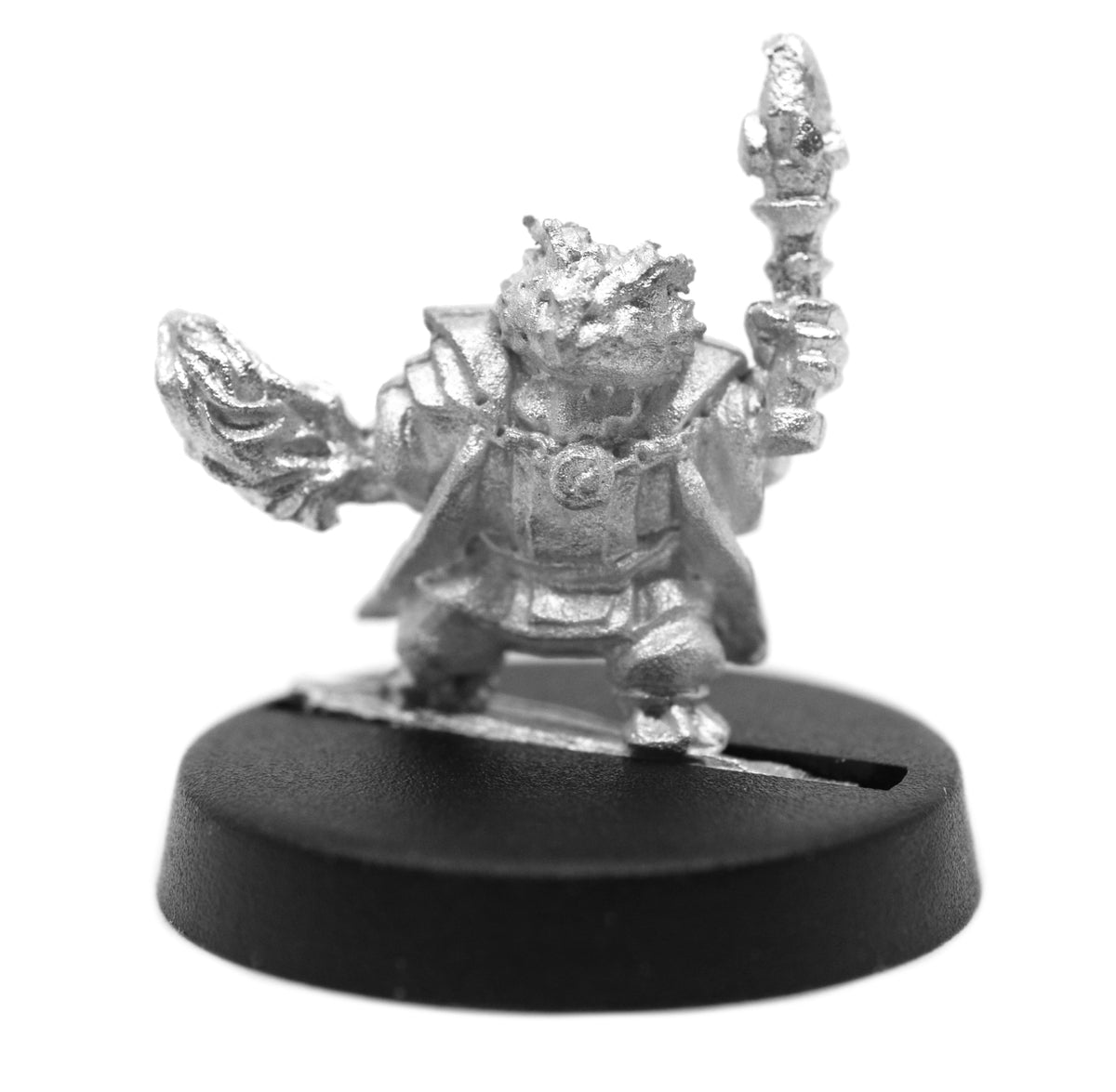 Unpainted pewter Male Grippli Mage miniature, 17mm tall, another view