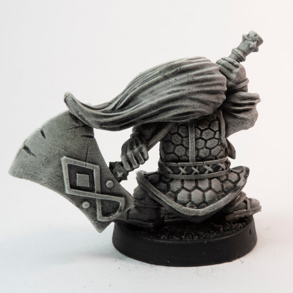 Primed pewter Dwarven Kabukimono miniature, 32mm tall, another view