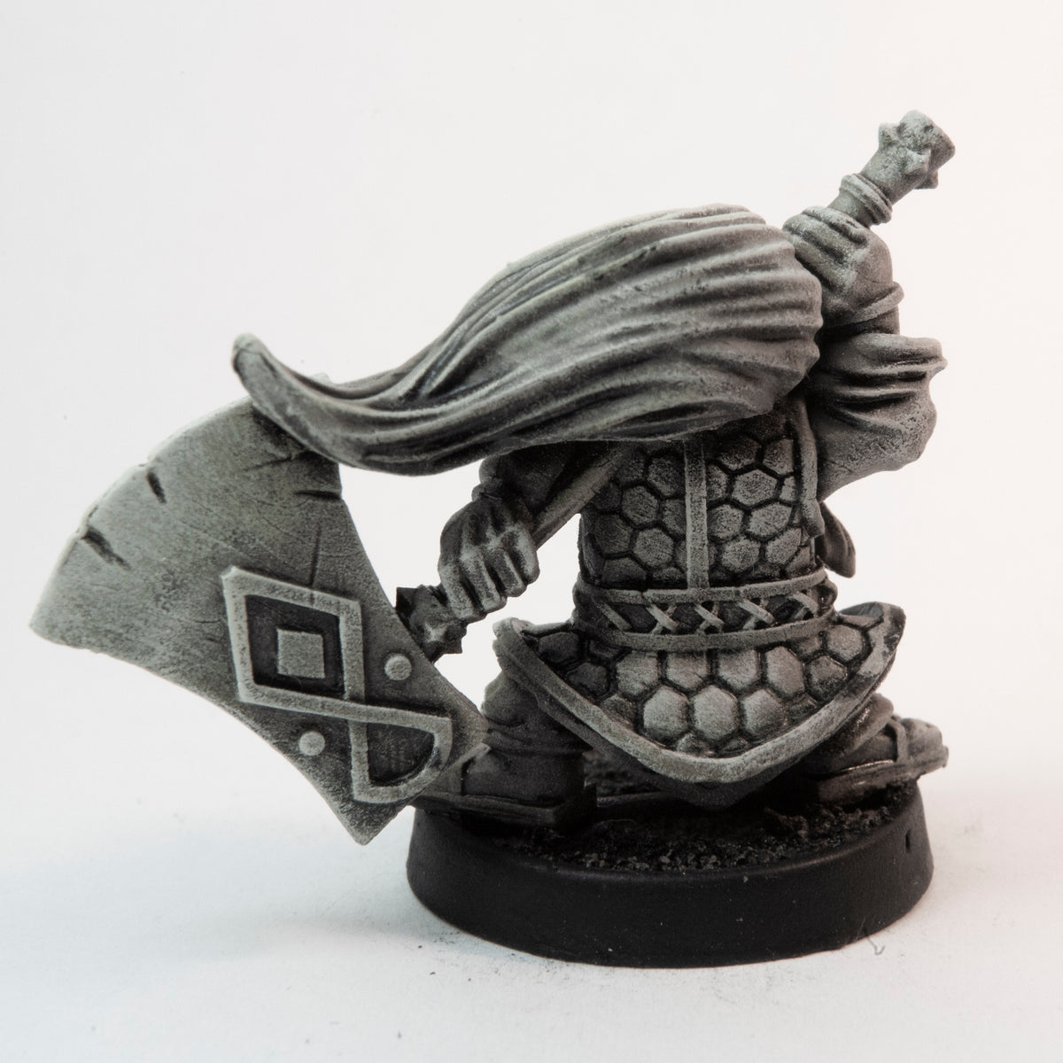 Primed pewter Dwarven Kabukimono miniature, 32mm tall, another view