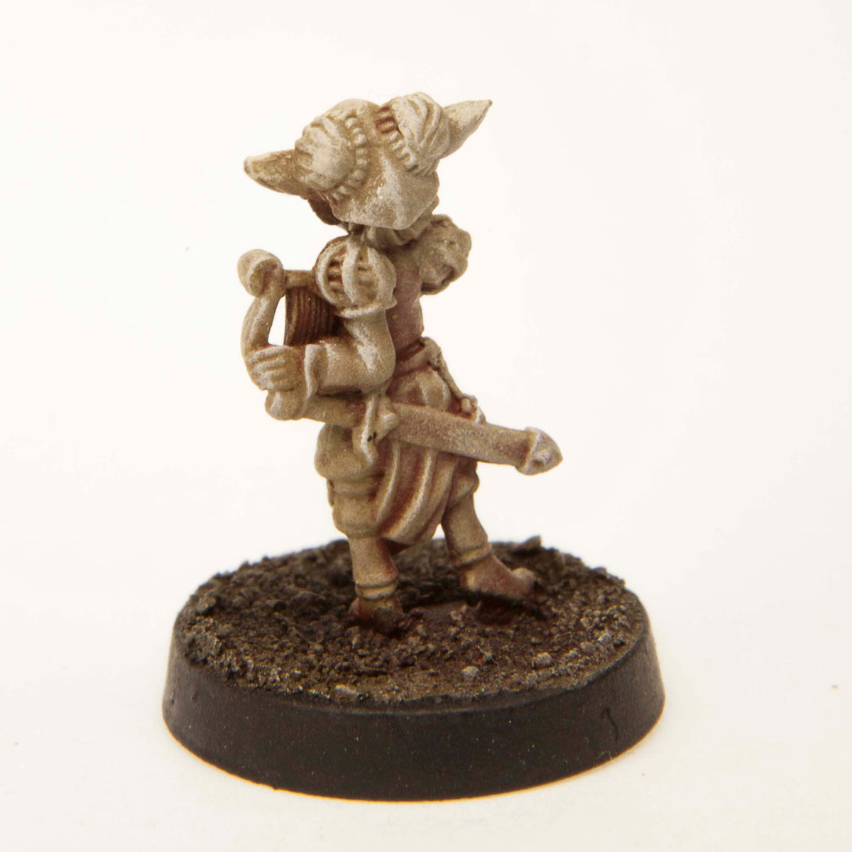 Primed pewter Gnome Bard miniature, 23mm tall, another view