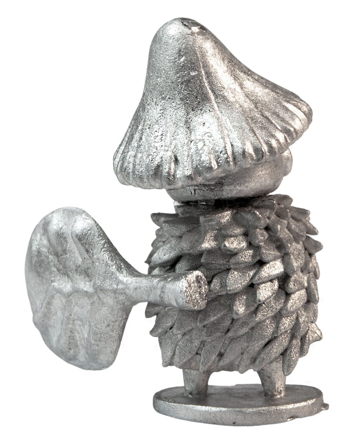 Unpainted pewter Mushroom Mage with Seed Fan miniature, 32mm tall, another view