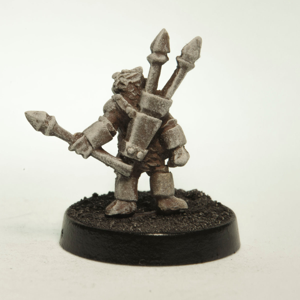 Primed pewter Grippli Barbarian miniature, 19mm tall, another view