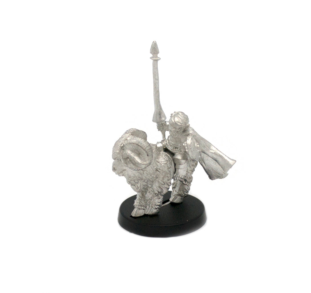 Unpainted pewter Halfling Commander on Ram Mount miniature, 28mm tall, another view