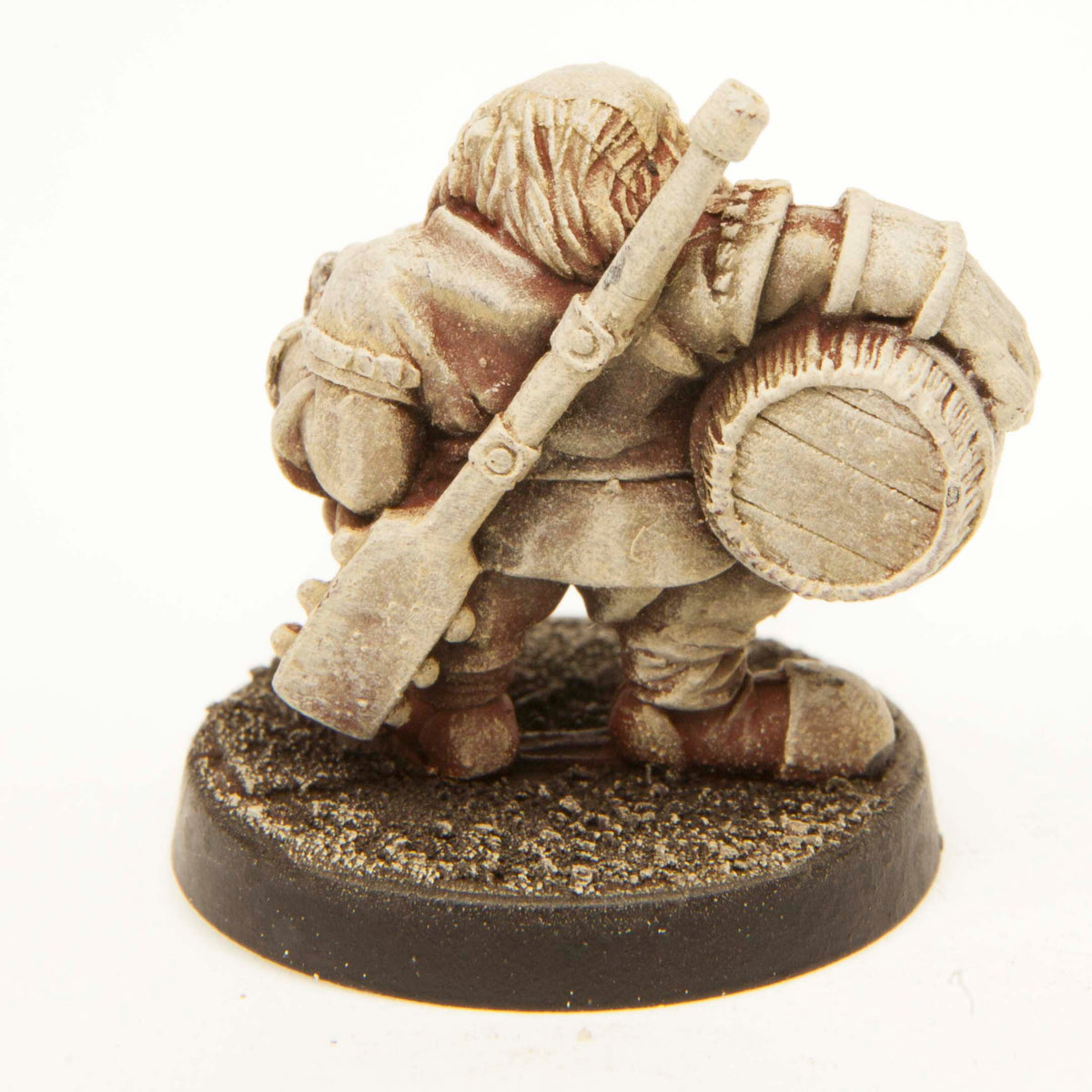 Primed pewter Dwarf Brewmaster miniature, 23mm tall, another view