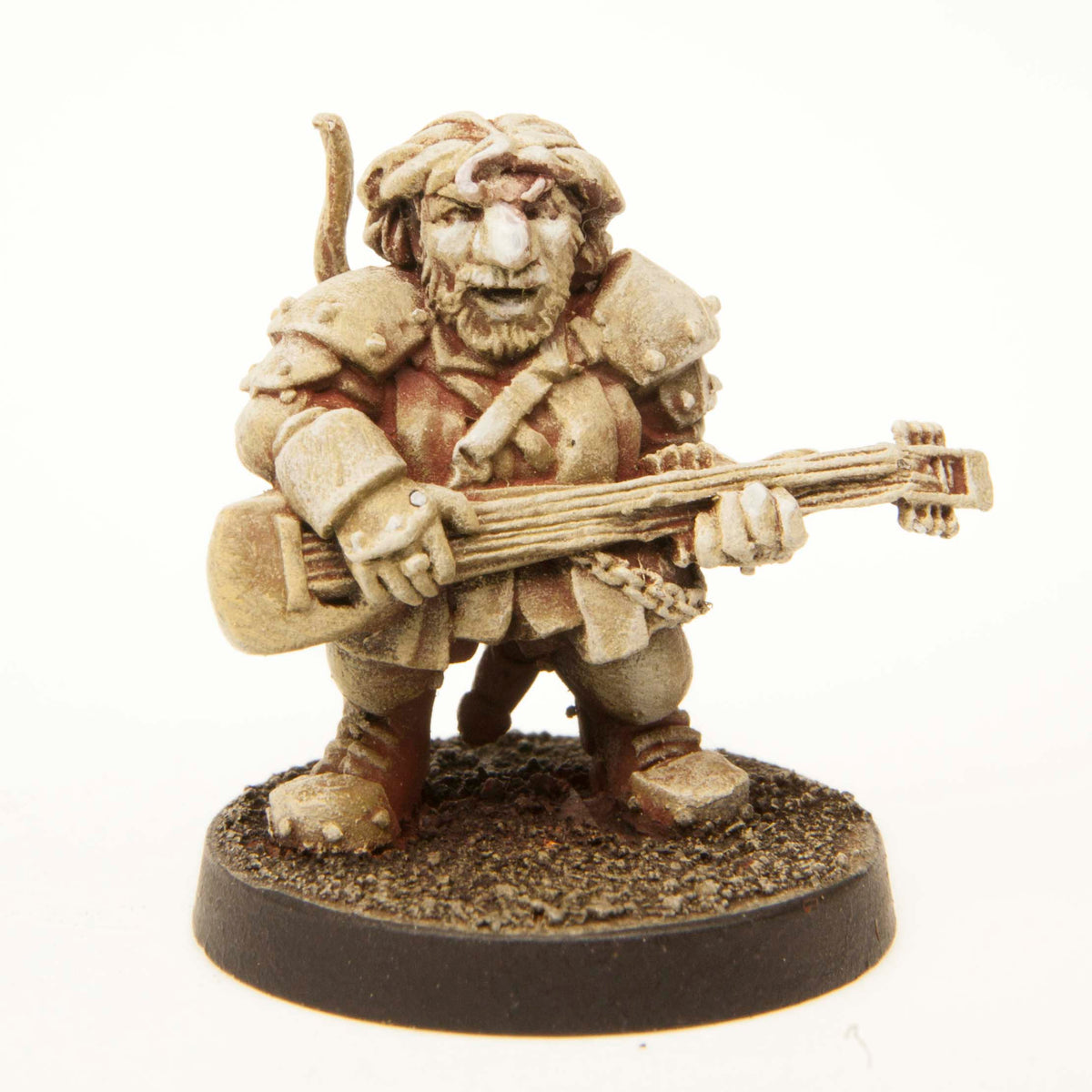 Primed pewter Dwarf Bard miniature, 25mm tall