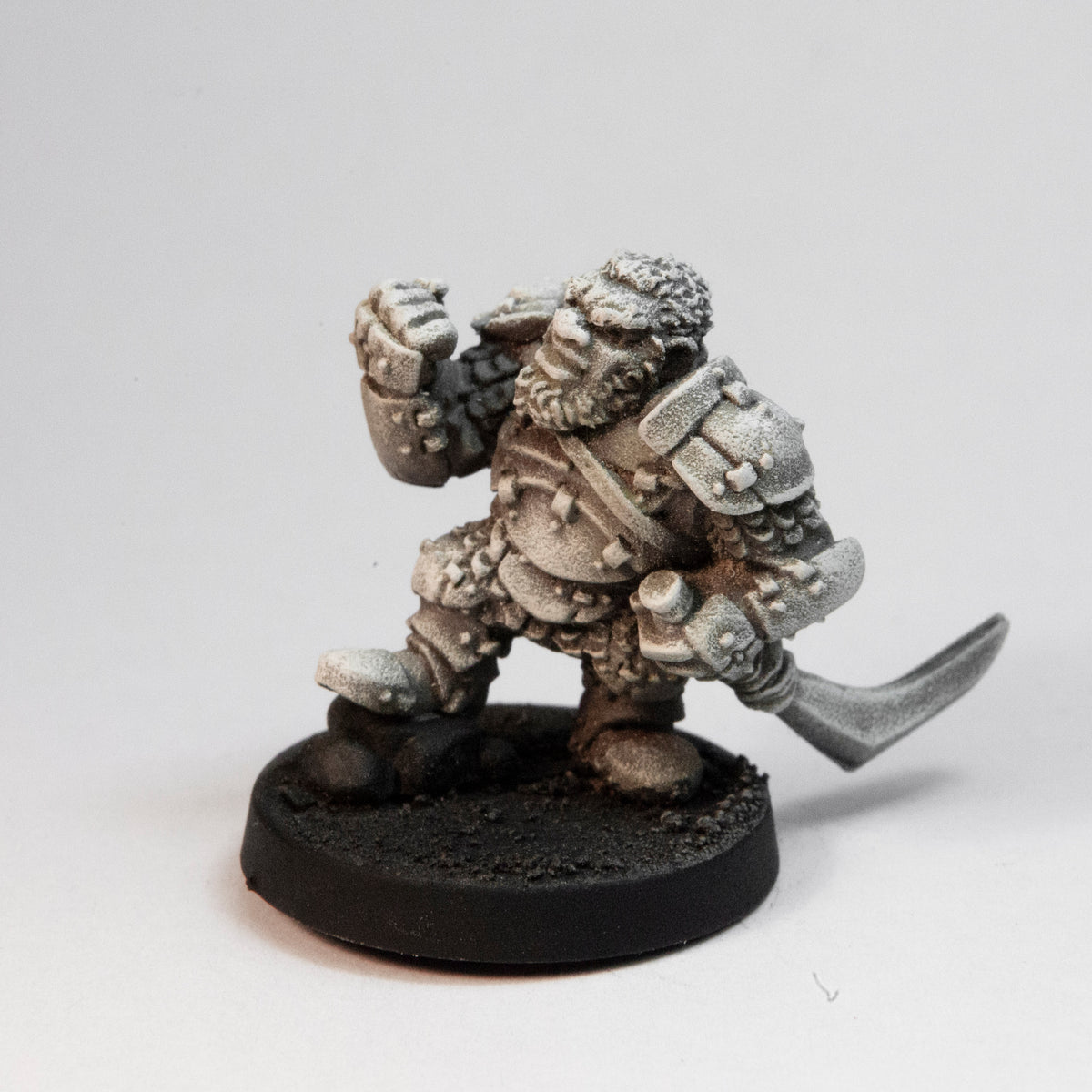 Primed pewter Dwarven Warlord miniature, 24mm tall