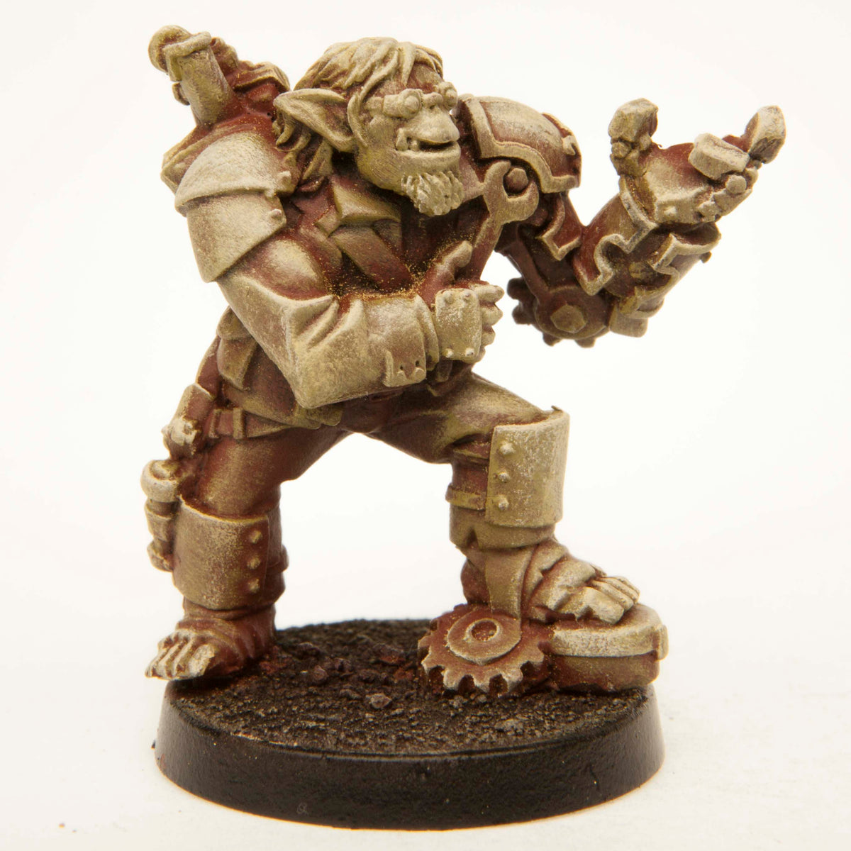 Primed pewter Half-Orc Mechanist miniature, 30mm tall