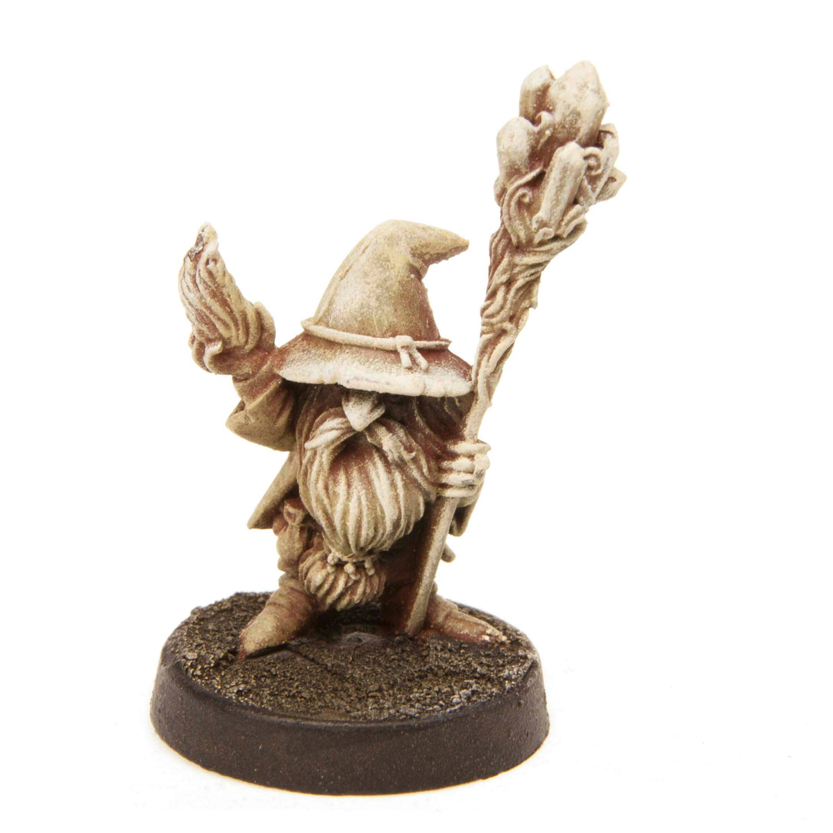 Primed pewter Gnome Wizard Male miniature, 28mm tall