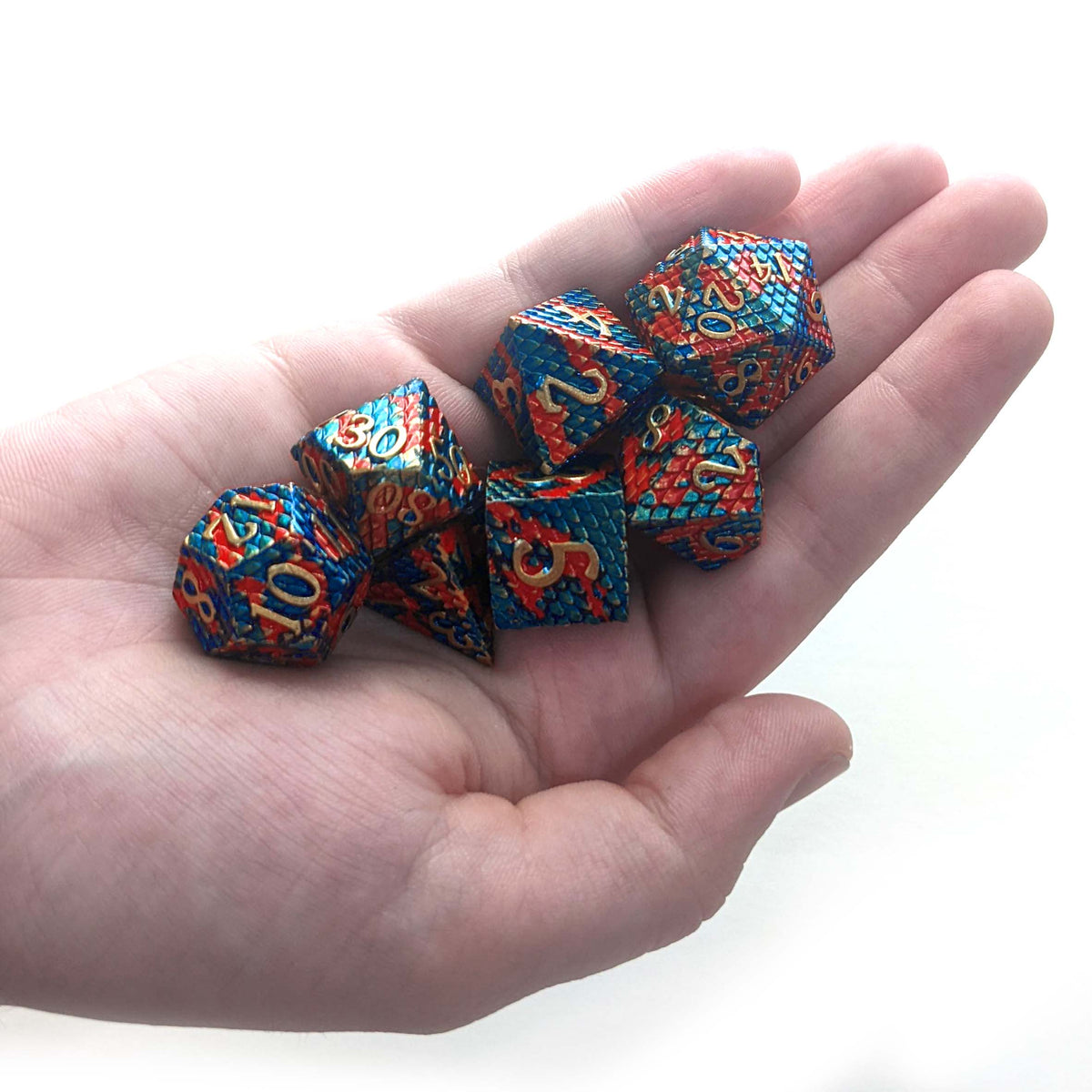 Level 12 Fighter Dice Set Polyhedral Dice (7pcs) Golden Metal with Red and Blue Dragon Scales, another view
