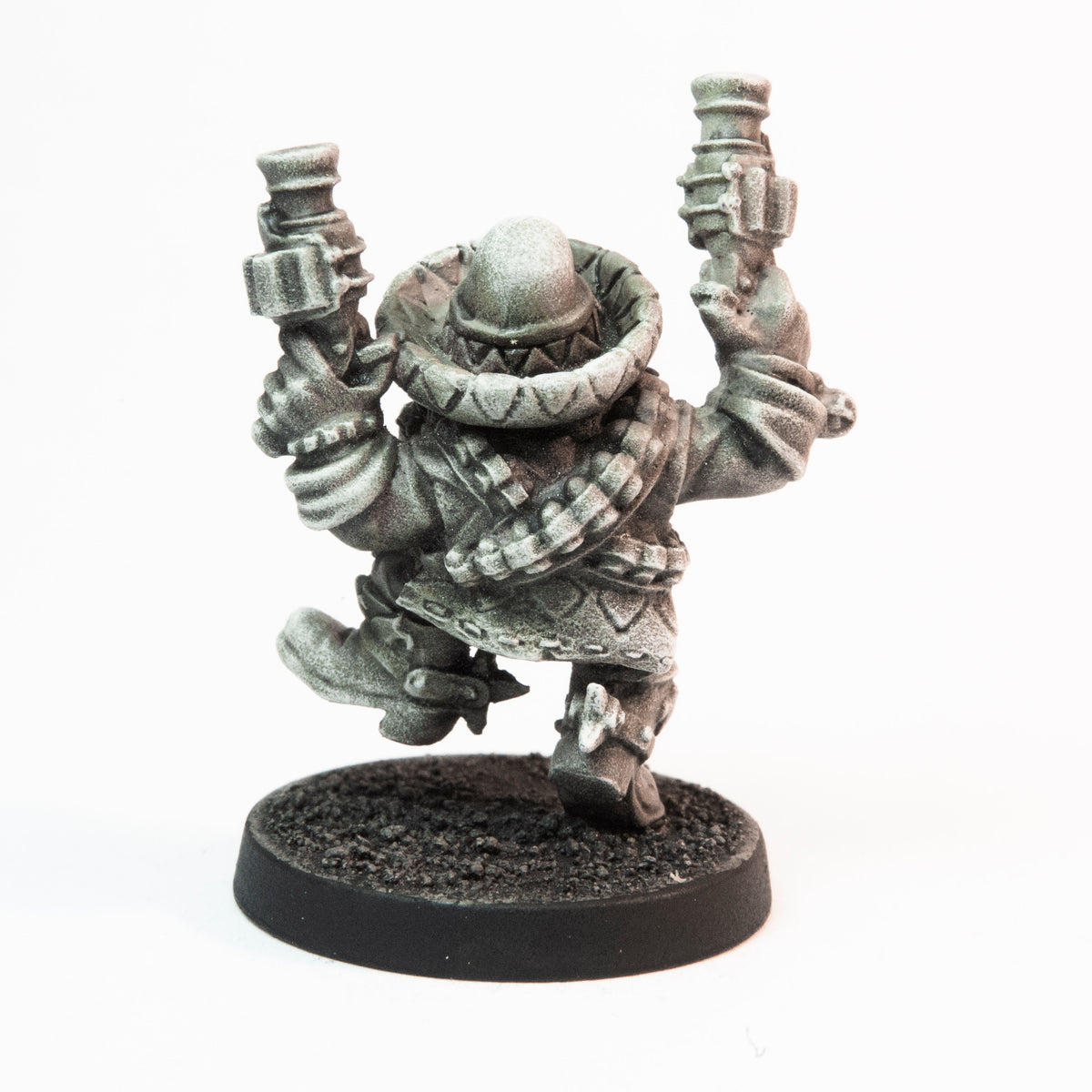 Primed pewter Dwarven Gunslinger miniature, 35mm tall, another view