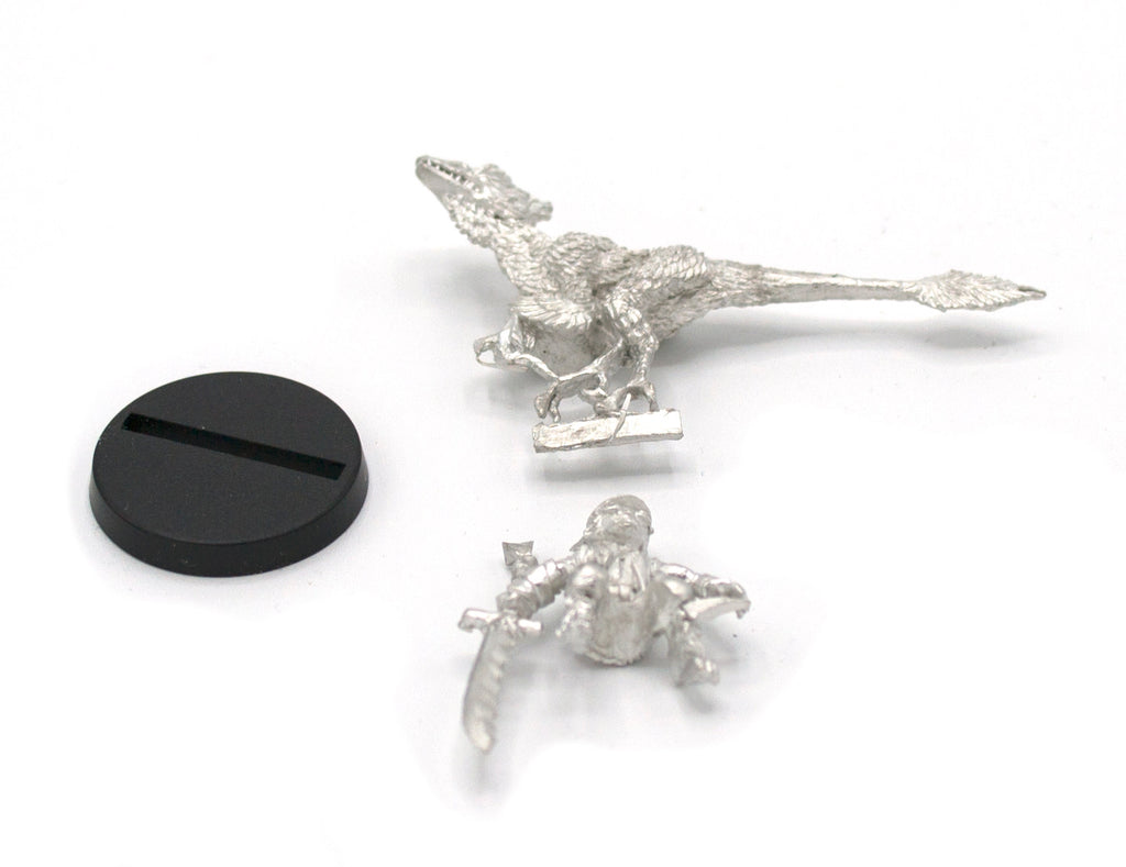 Unpainted pewter Halfling Barbarian on Raptor Mount miniature, 38mm tall, another view