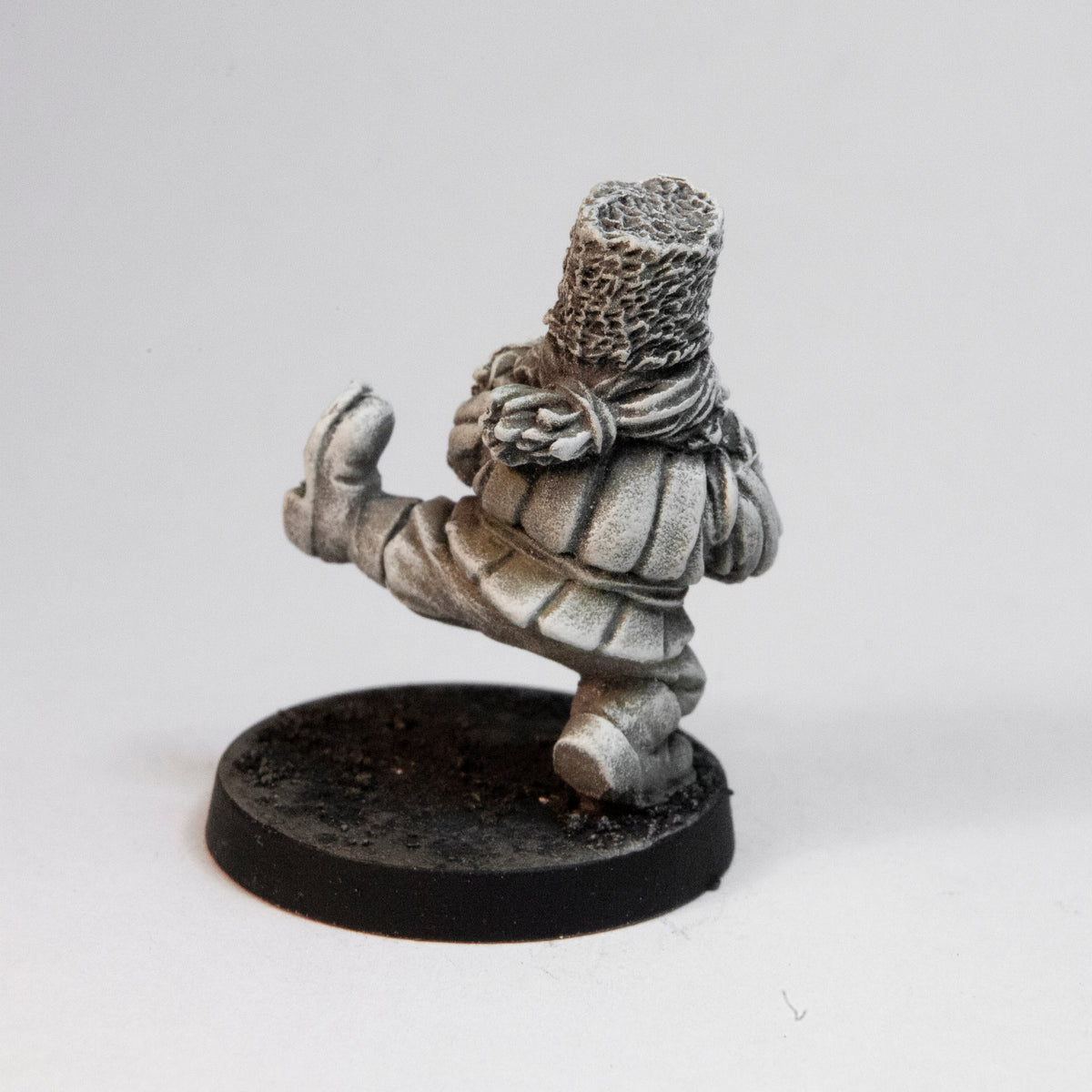 Primed pewter Dwarven Dancer miniature, 29mm tall, another view