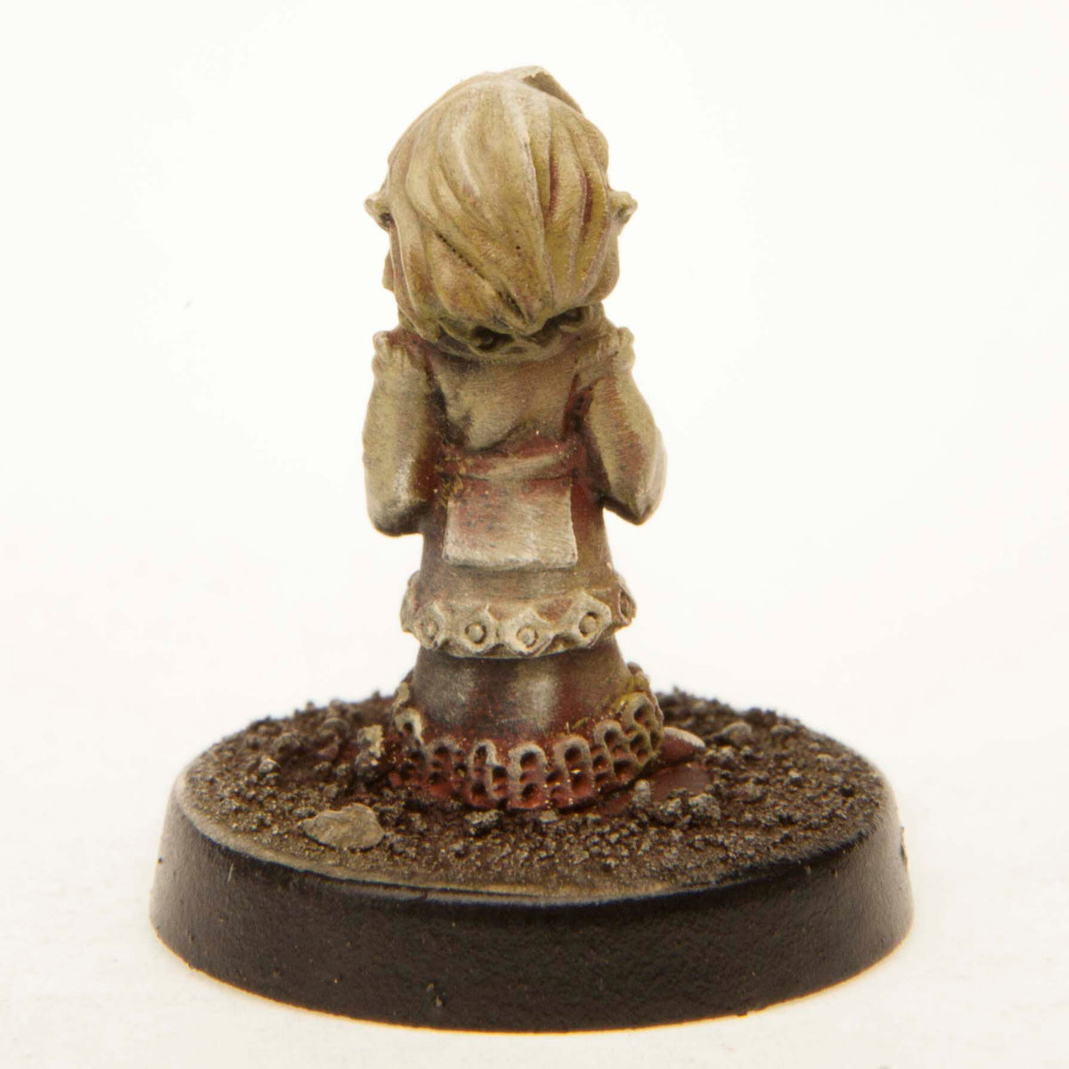 Primed pewter Half-Orc Girl miniature, 20mm tall, another view