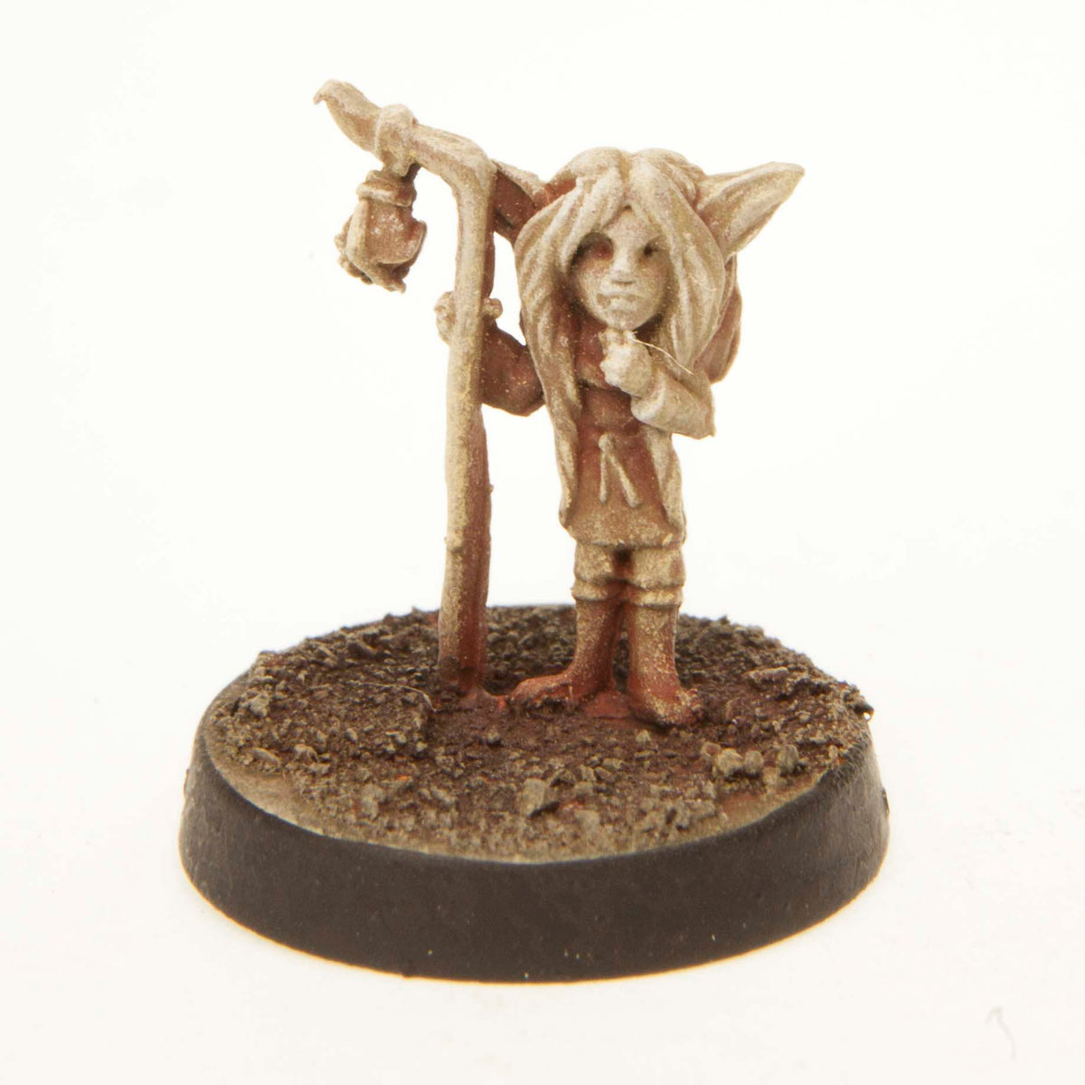 Primed pewter Gnome Girl miniature, 15mm tall, another view