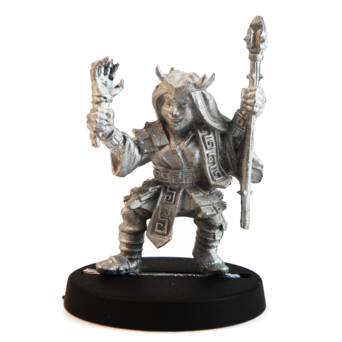Unpainted pewter Dwarven Sorceress miniature, 32mm tall